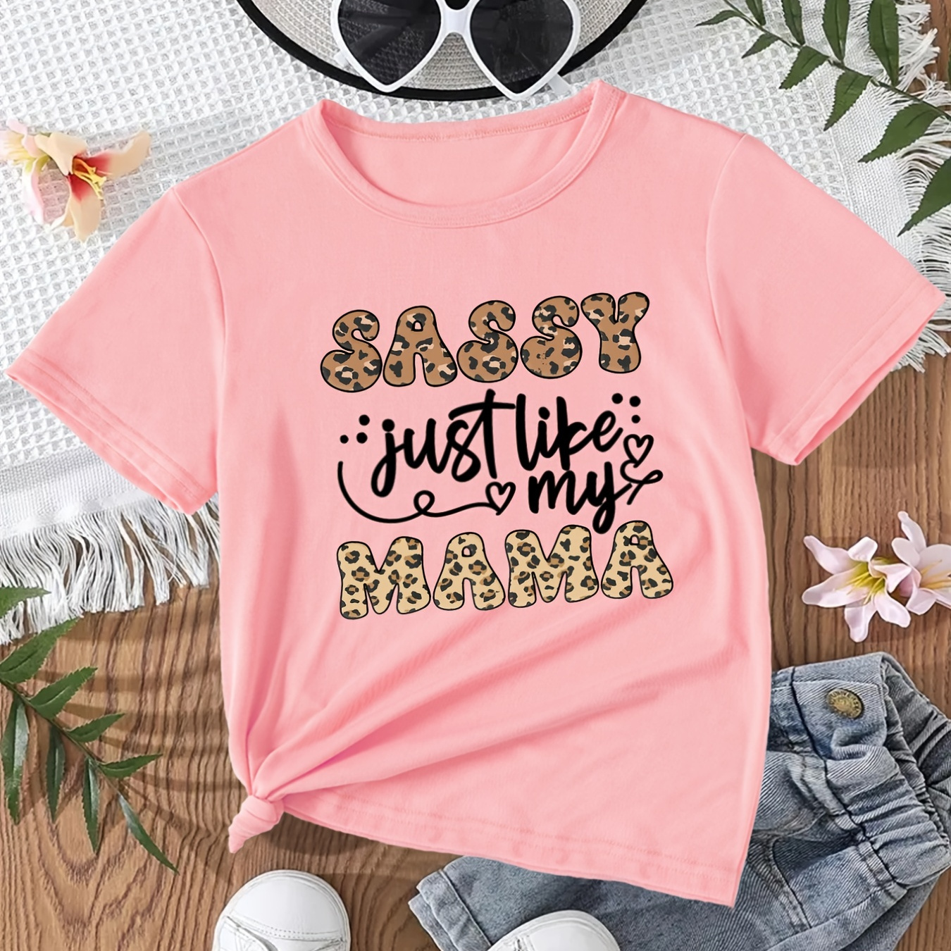 

Girls Round Neck T-shirt Leopard "sassy" Print Short Sleeve Tees Top Kids Summer Clothes