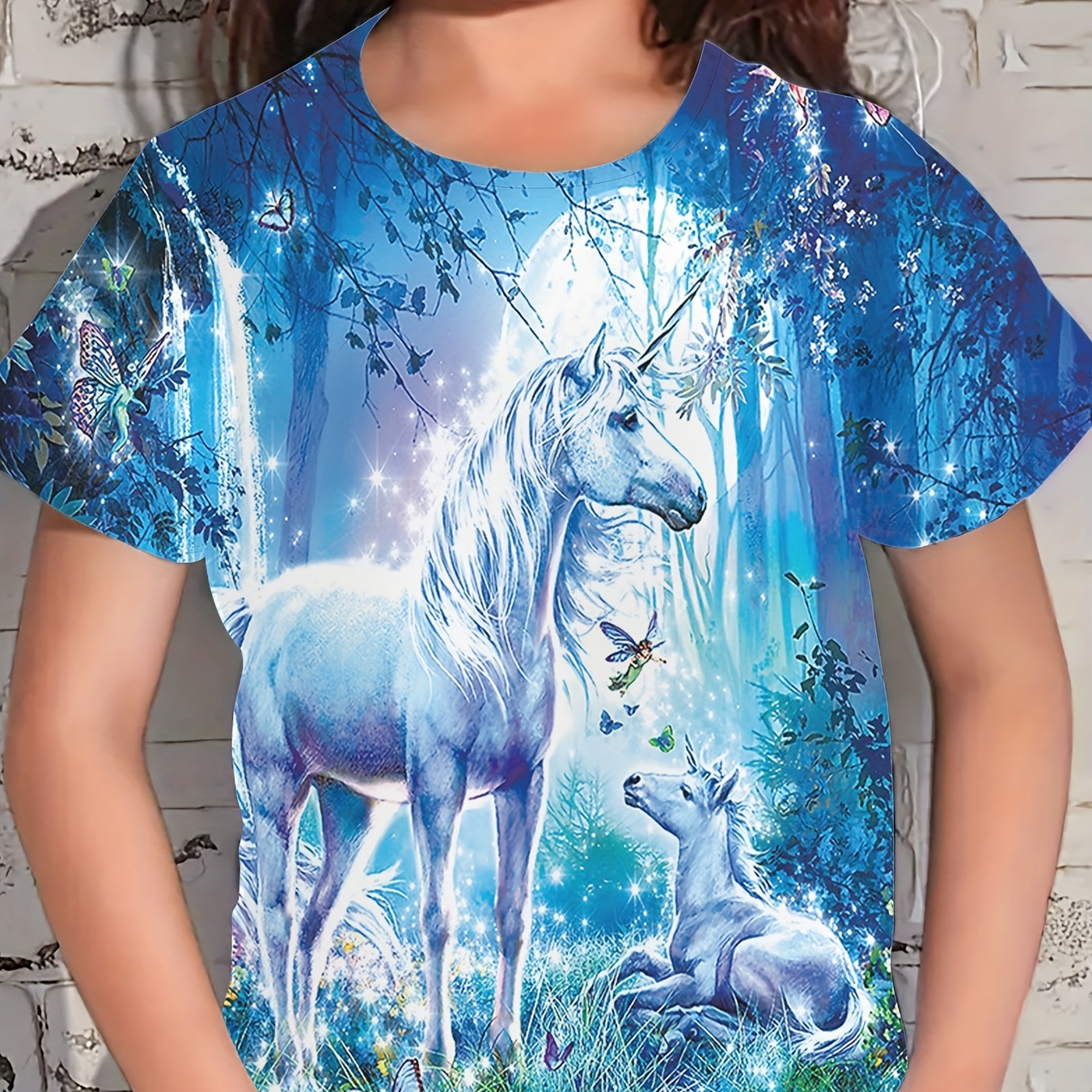 

Girls Dreamy Forest Unicorn Print Short Sleeve T-shirt Casual Tees For Summer Gift