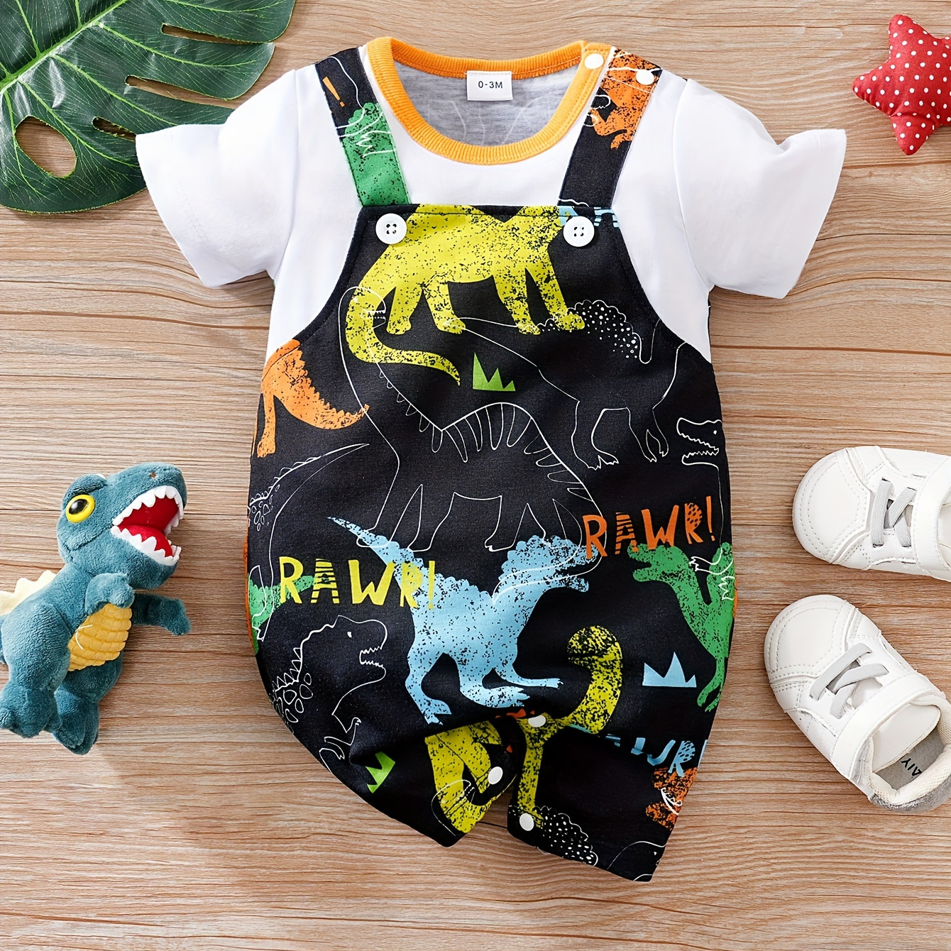 

Infant's Graffiti Dinosaur Print Faux Two-piece Bodysuit, Trendy Short Sleeve Romper, Baby Boy's Clothing