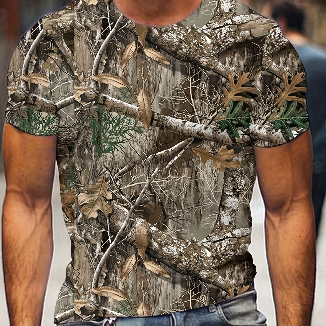 

Men's Summer Sports Camouflage T-shirt, Digital Leaf Camouflage Print Short Sleeve Top, Casual Outdoor Wear In Athletic Style