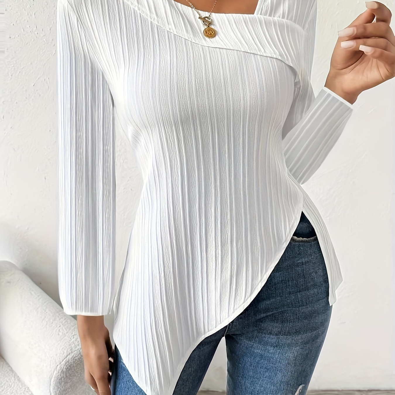 

Elegant White Long Sleeve Ribbed Blouse For Women, Polyester Stretch Fabric, Asymmetrical Hem, Square Neck, Solid Color, Fashion Shirt For All