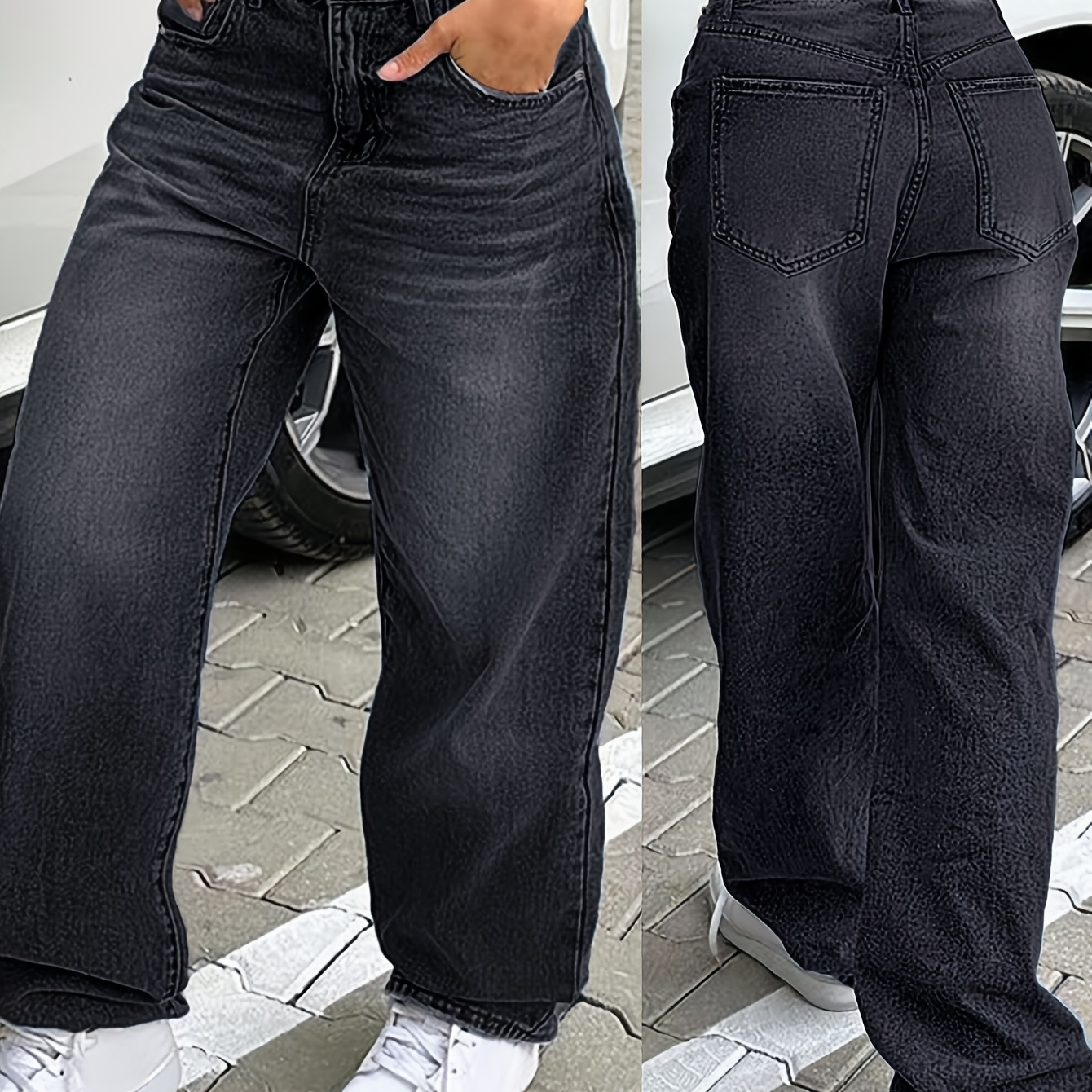 

Women' High-waist Straight Leg Jeans - Non-stretch Denim With Cotton , Casual Loose Fit Long Pants With Pockets, Y2k Street Style, For All