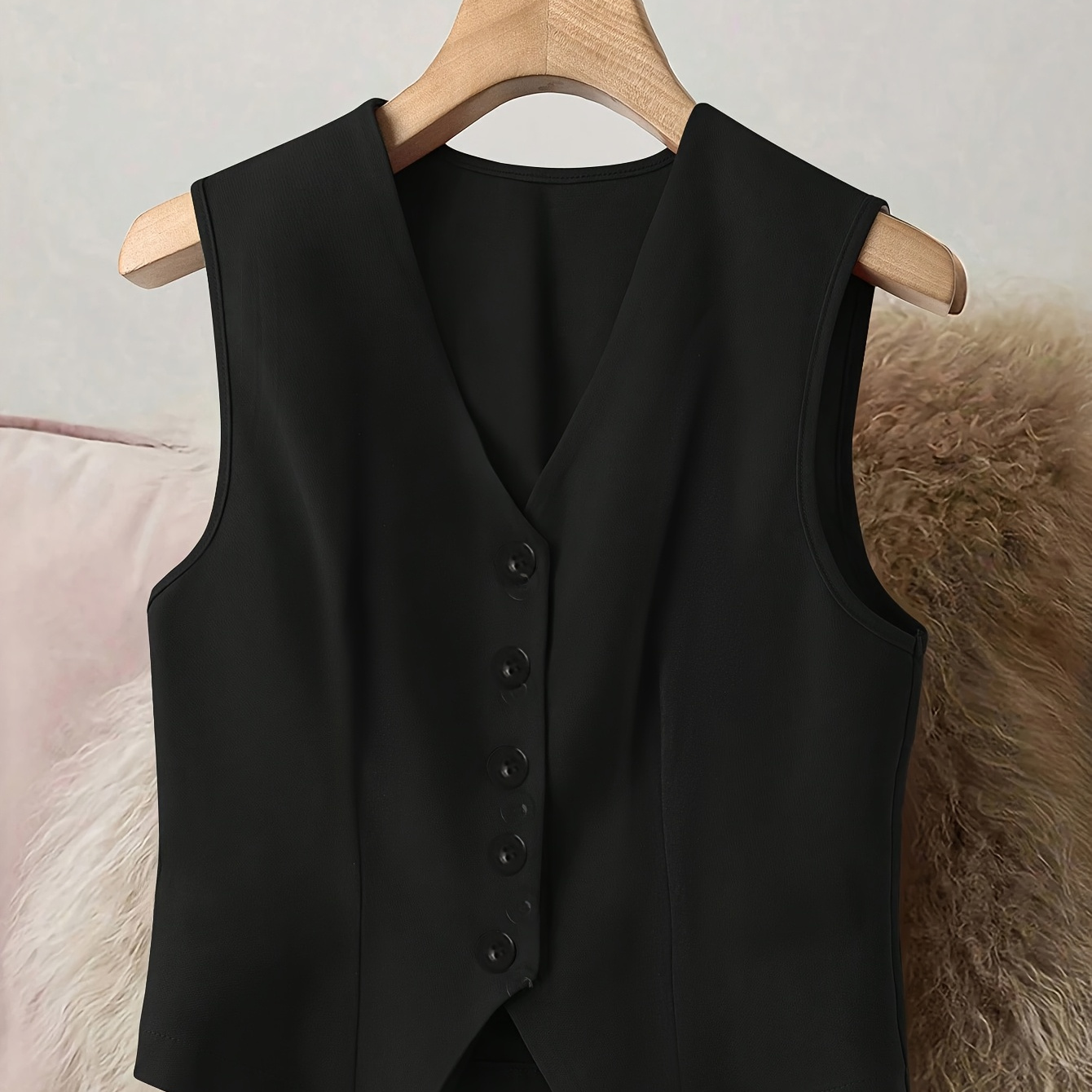 

Gilet manches en polyester pour femme - Haut tissé décontracté à col en V de couleur unie avec détail de bouton sur le devant, mode polyvalente toutes pour adultes - Noir