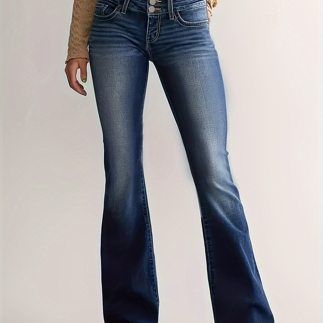 

Women's High-waist Bell Bottom Jeans With Double-button Closure, Casual Flared Leg Denim Pants