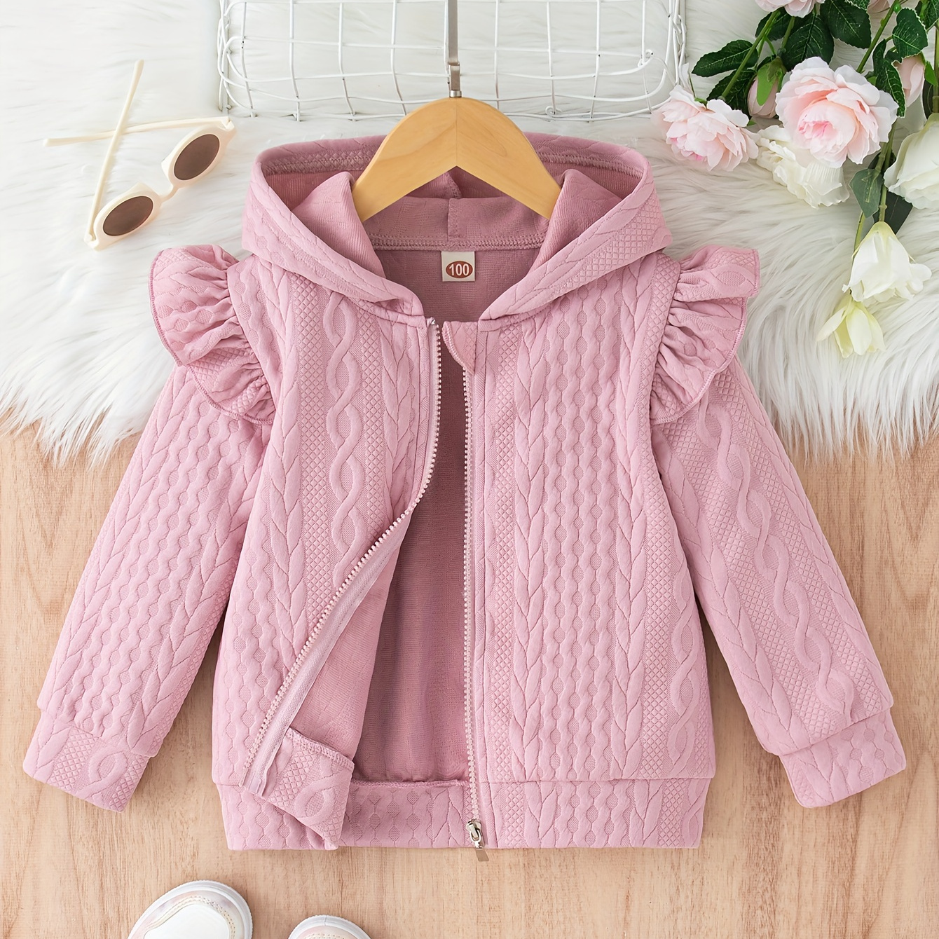 TEMU Girl's Solid Color Long Sleeve Hooded Jacket, Cute Trim Zipper Coat For Spring And Autumn, Creative Gift