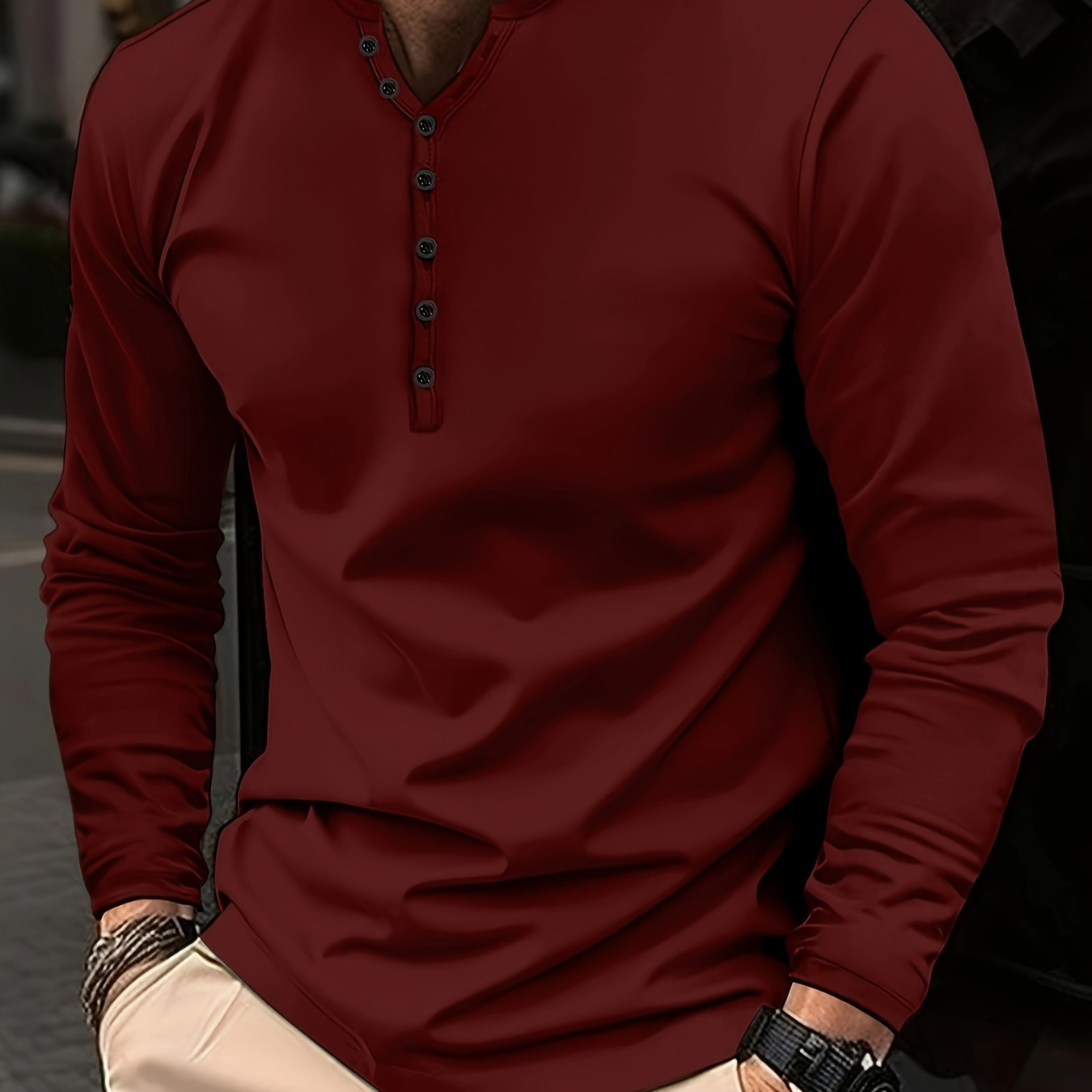 

Spring Fall Men's Top, Casual Solid Men's Long Sleeve Henley Tee With Sweetheart Neckline