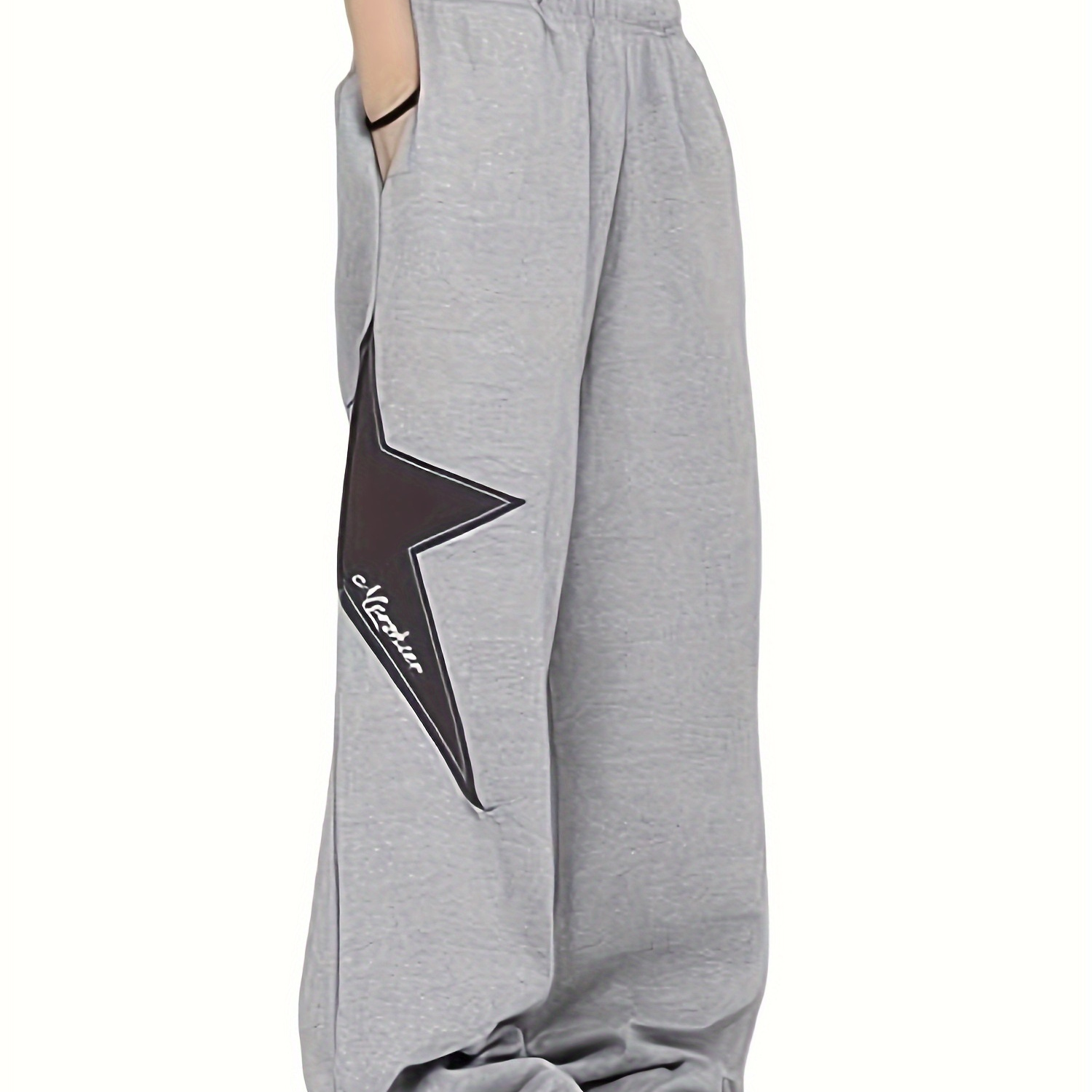 

Star Embroidered Wide Leg Pants, Y2k Elastic Waist Loose Slant Pockets Pants For Spring & Summer, Women's Clothing