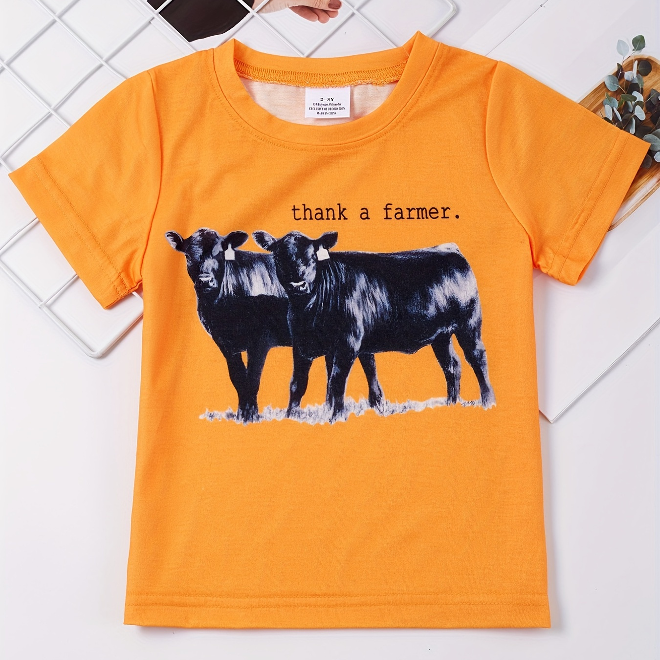 

2 Cows Print "thank A Farmer" Round Neck T-shirt Tees Tops Soft Comfortable Boys And Girls Summer Clothes