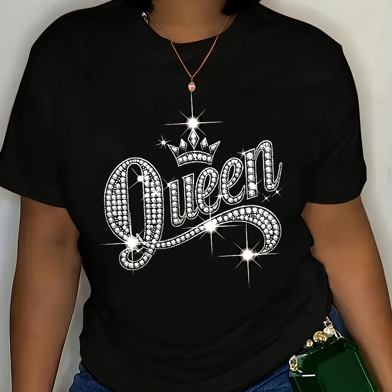 

Women's "queen" Crown Graphic T-shirt - Casual Black Short Sleeve Crew Neck Top, Sparkling Letter Design, Polyester , Summer Tshirt|crown Print Top|medium Elasticity, Ladies T Shirts