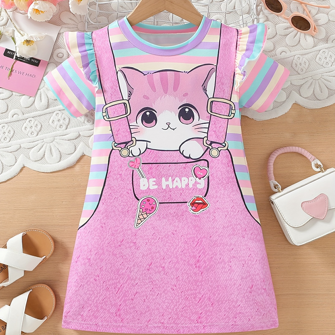 

Adorable Kitty & Stripes 3d Graphic T-shirt Dress For Girls Holiday Casual Dresses, Girls Clothing, Summer Gift