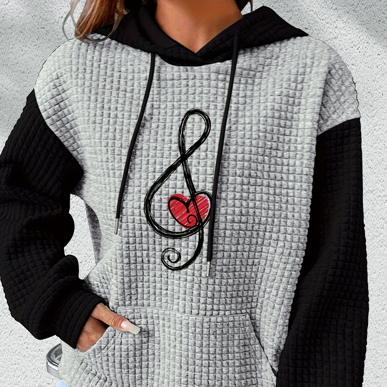 

Chic Heart-shaped Musical Note Waffle Hoodie - Casual Drawstring Pullover With Kangaroo Pocket, Machine Washable - Women' For Fall/winter