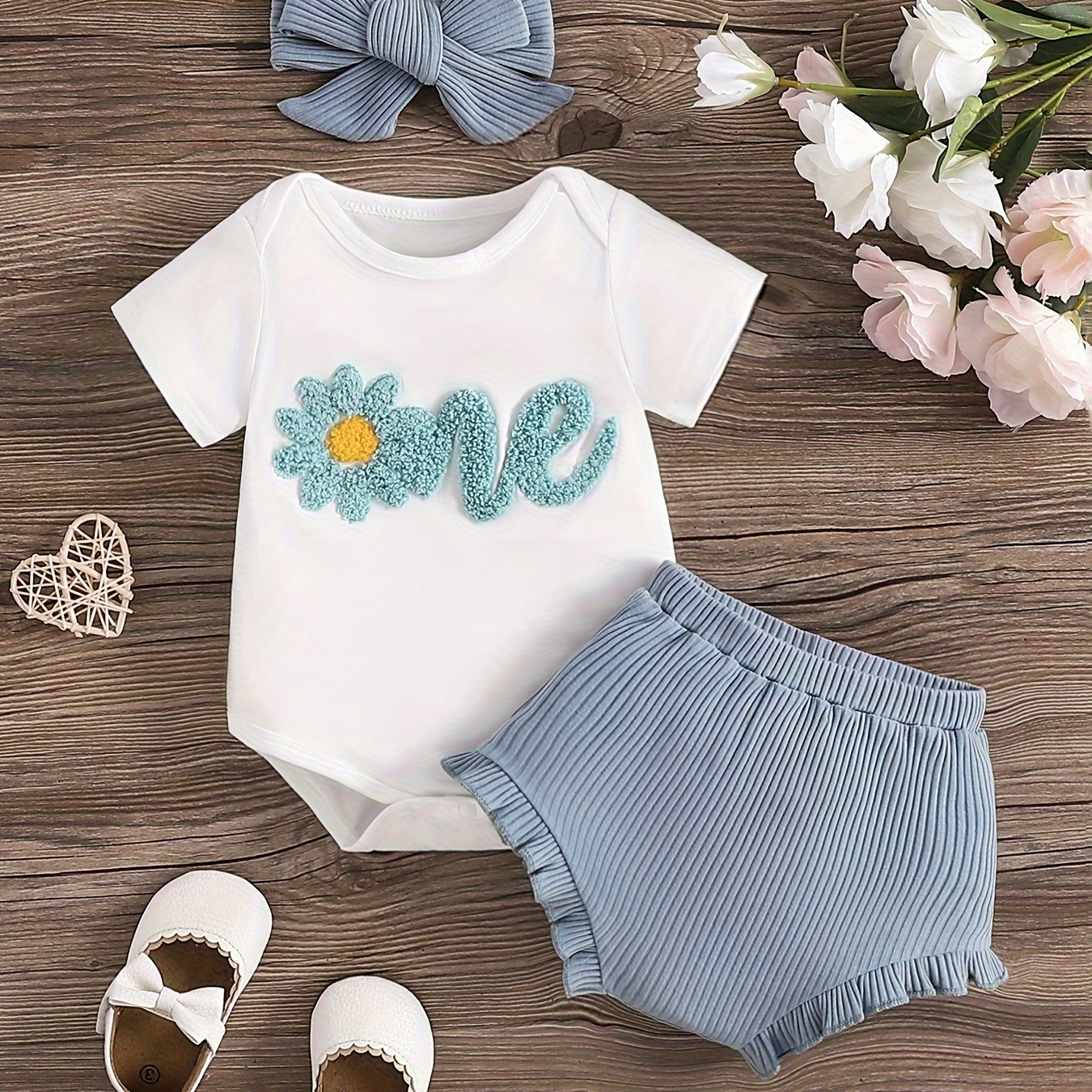 

Baby's 1 Flower Embroidered 2pcs Summer Outfit, Cotton Triangle Bodysuit & Ribbed Shorts Set, Toddler & Infant Girl's Clothes For Daily/holiday/party