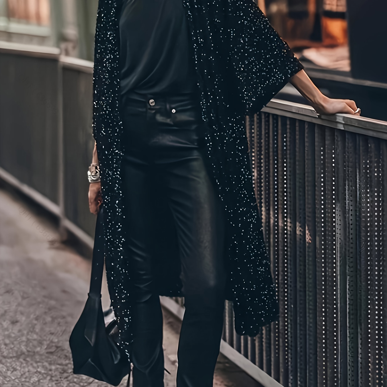 

Women's Elegant Sequin Long Cardigan, Polyester 95% Spandex 5% Knit Fabric, Solid Color Half Sleeve Crew Neck Side 110g/m² Jacket With 150g/m² Weight