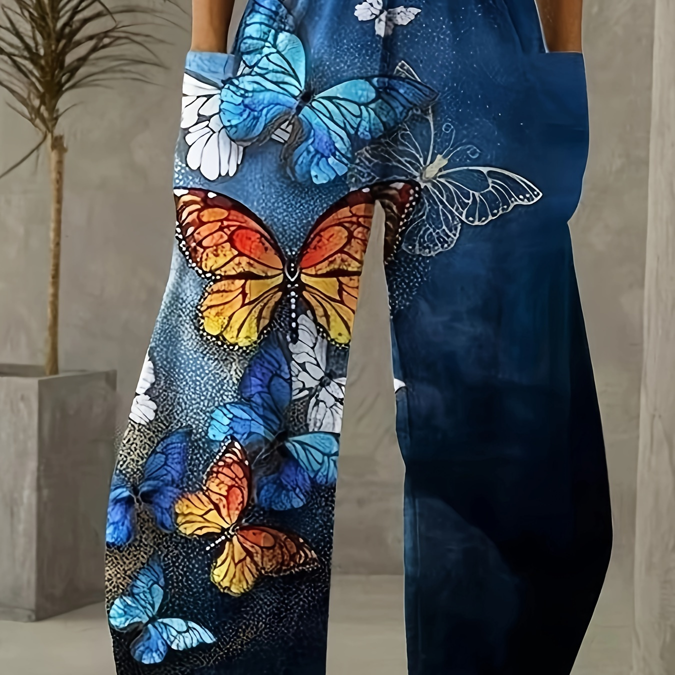 

Butterfly Print Wide Leg Pants, Casual Loose Dual Pockets Pants For Spring & Summer, Women's Clothing