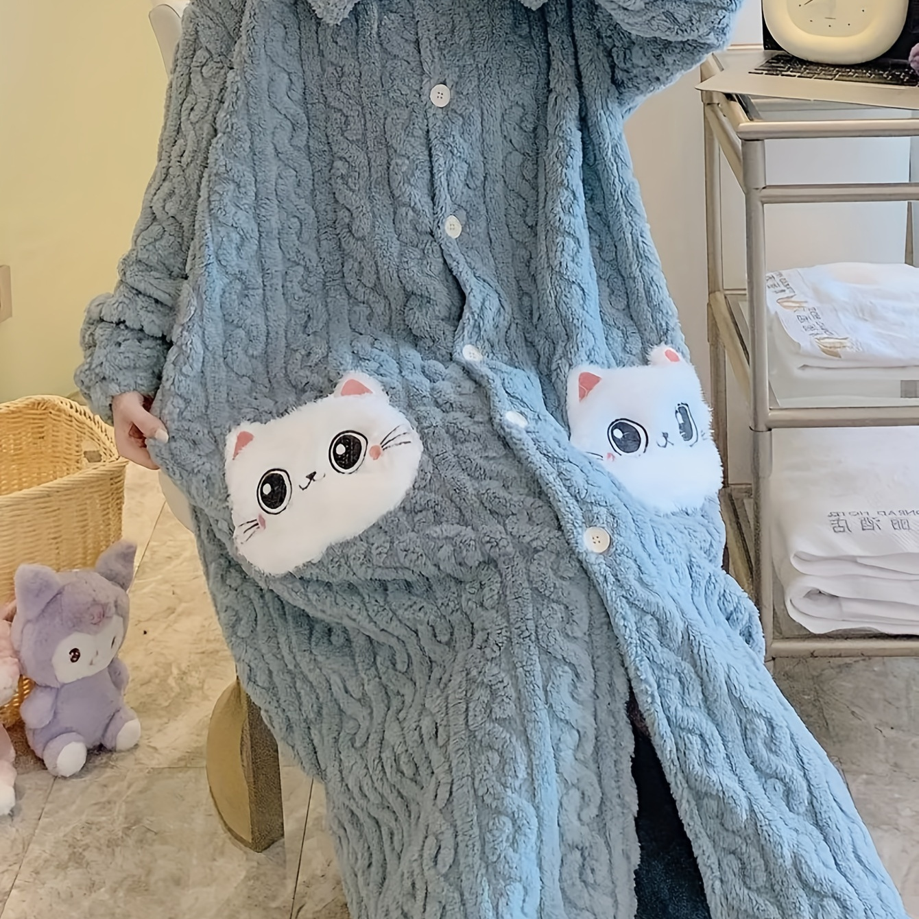 

Cozy Cable Knit Bathrobe With Kitty Pockets - Fall And Winter - Adult Size - No Belt - Long Sleeves - Knit Fabric - Relaxed Style - Open Front