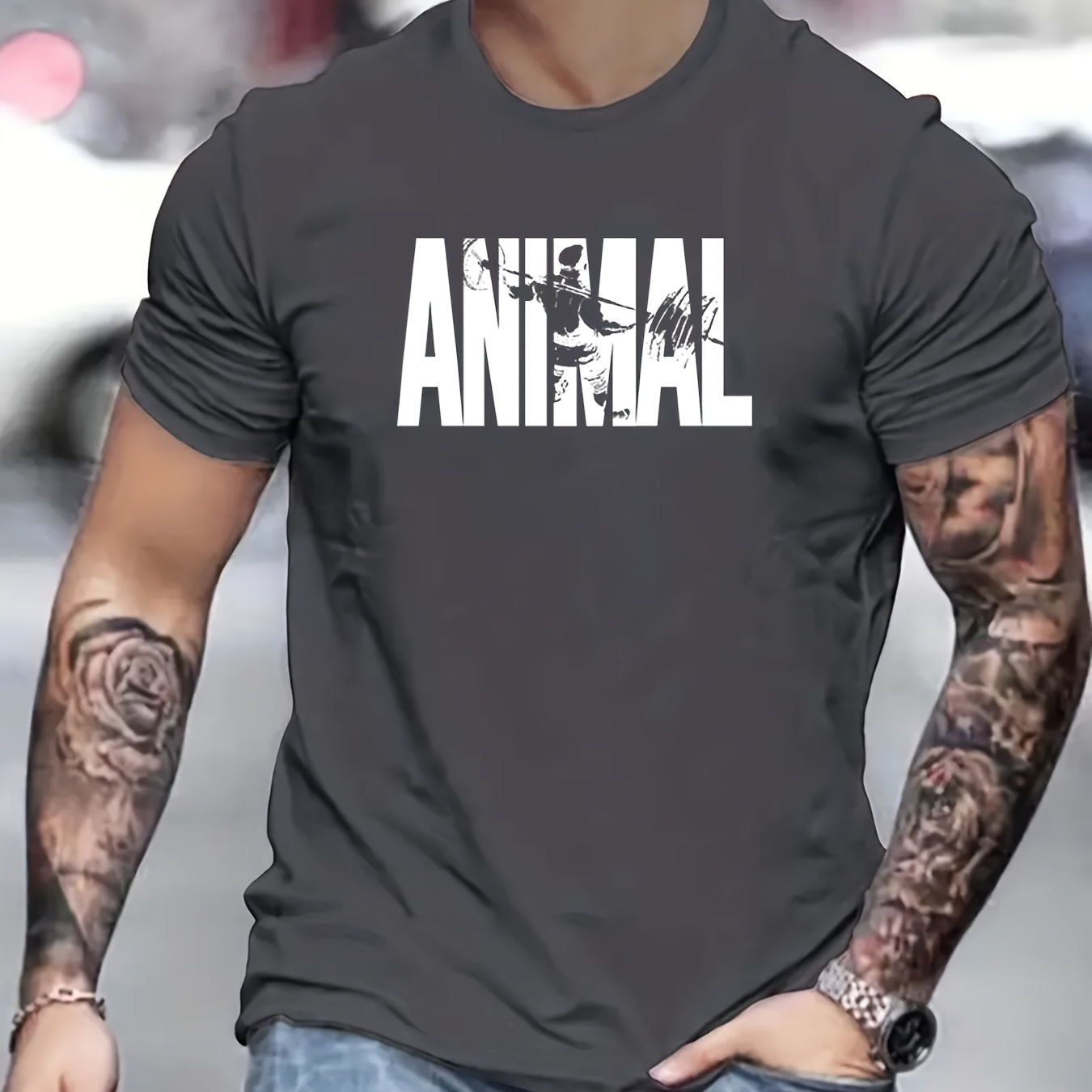 

Stylish Letter "animal" Pattern Print Men's Comfy T-shirt, Graphic Tee Men's Summer Outdoor Clothes, Men's Clothing, Tops For Men