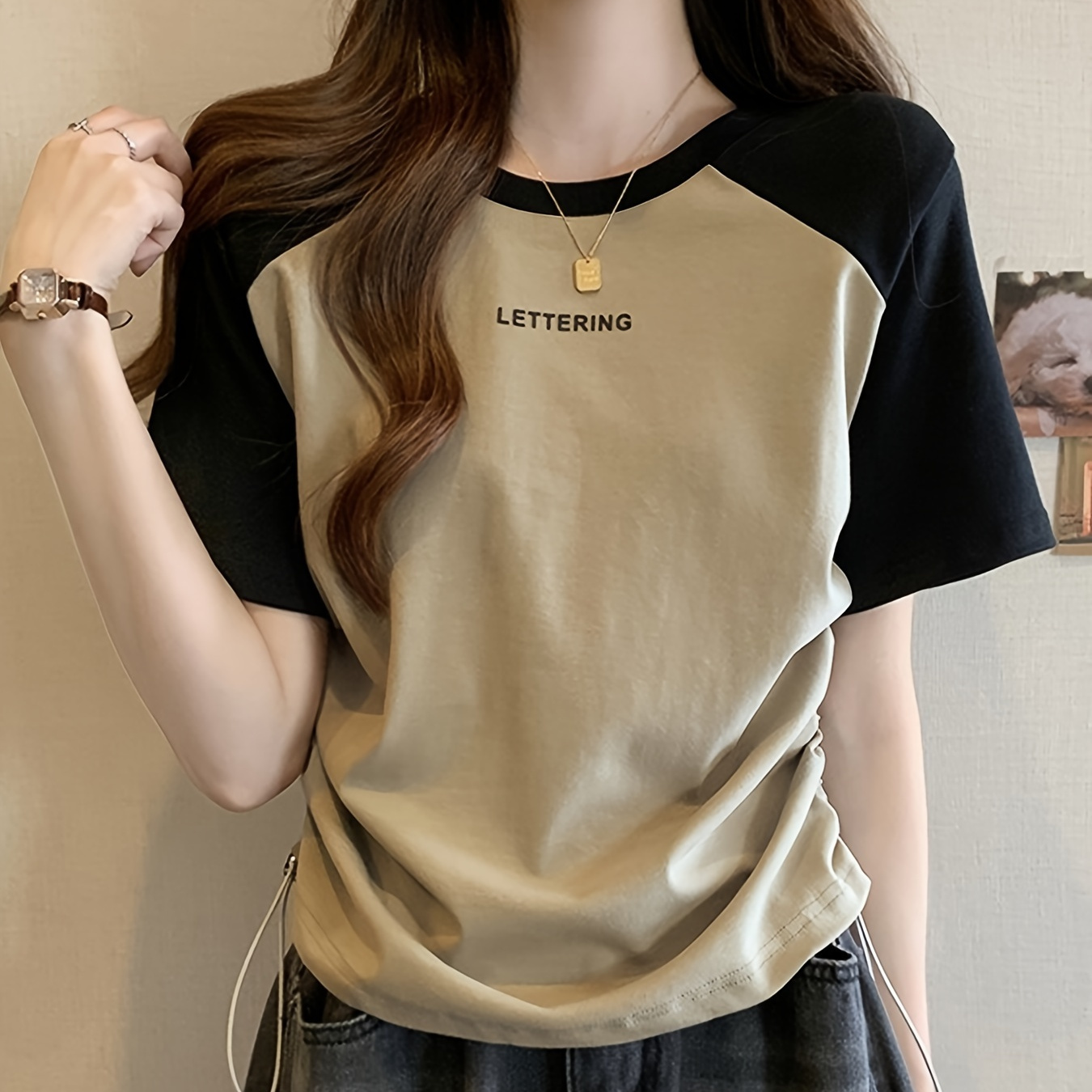 

Drawstring Side T-shirt, Raglan Sleeve Crew Neck Leisure T-shirt For Spring & Summer, Women's Clothing