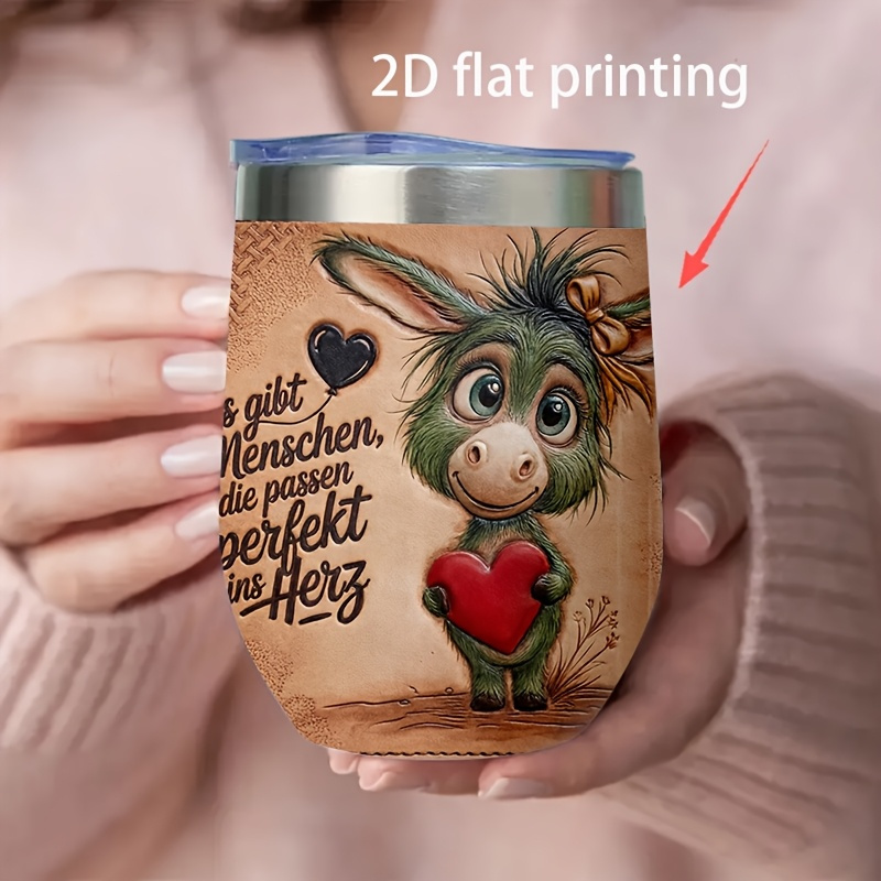 Image of 1pc 12oz Coffee Stainless Steel Tumbler, Leak-proof, Gift Idea, Cute Donkey Heart Print