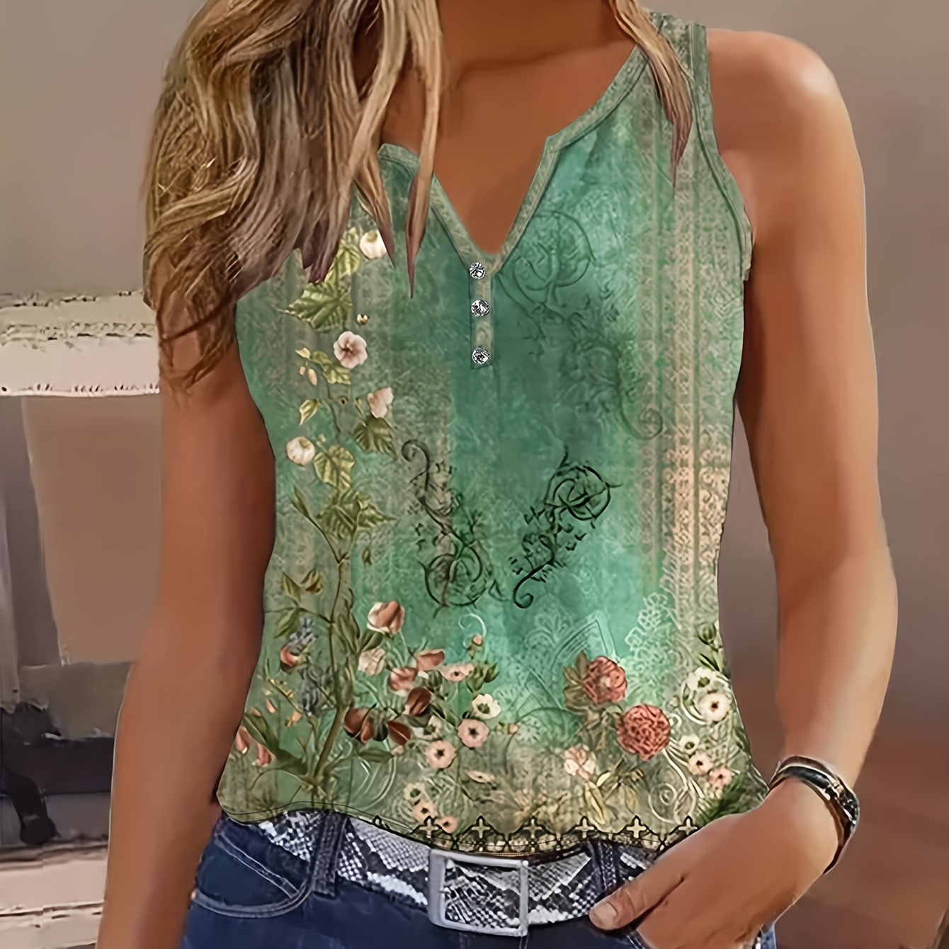 

Floral Print Tank Top, Vintage Summer Notched Neck Sleeveless Top, Women's Clothing