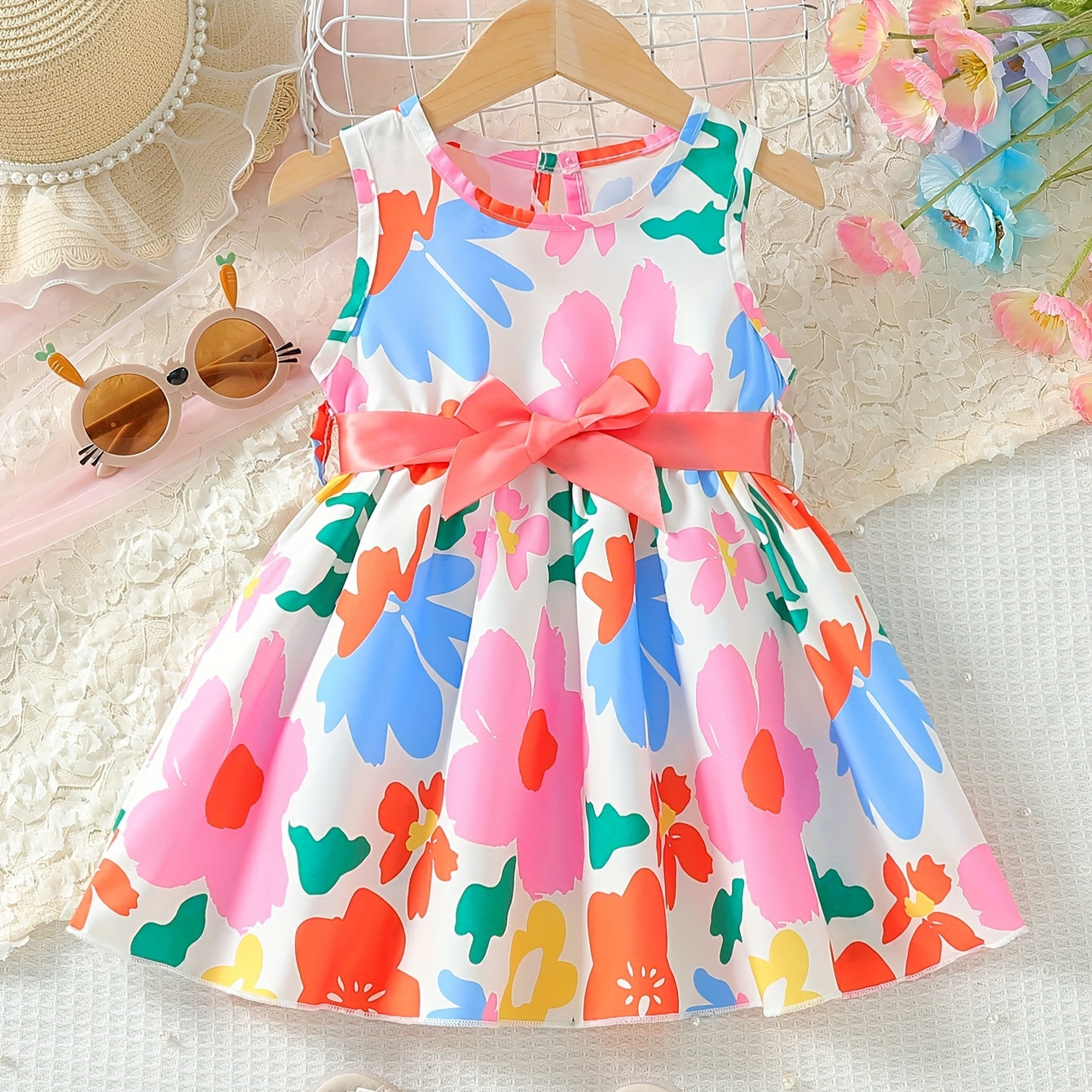 

Baby's Colorful Cartoon Flower Pattern Dress, Casual Sleeveless Dress, Infant & Toddler Girl's Clothing For Summer/spring