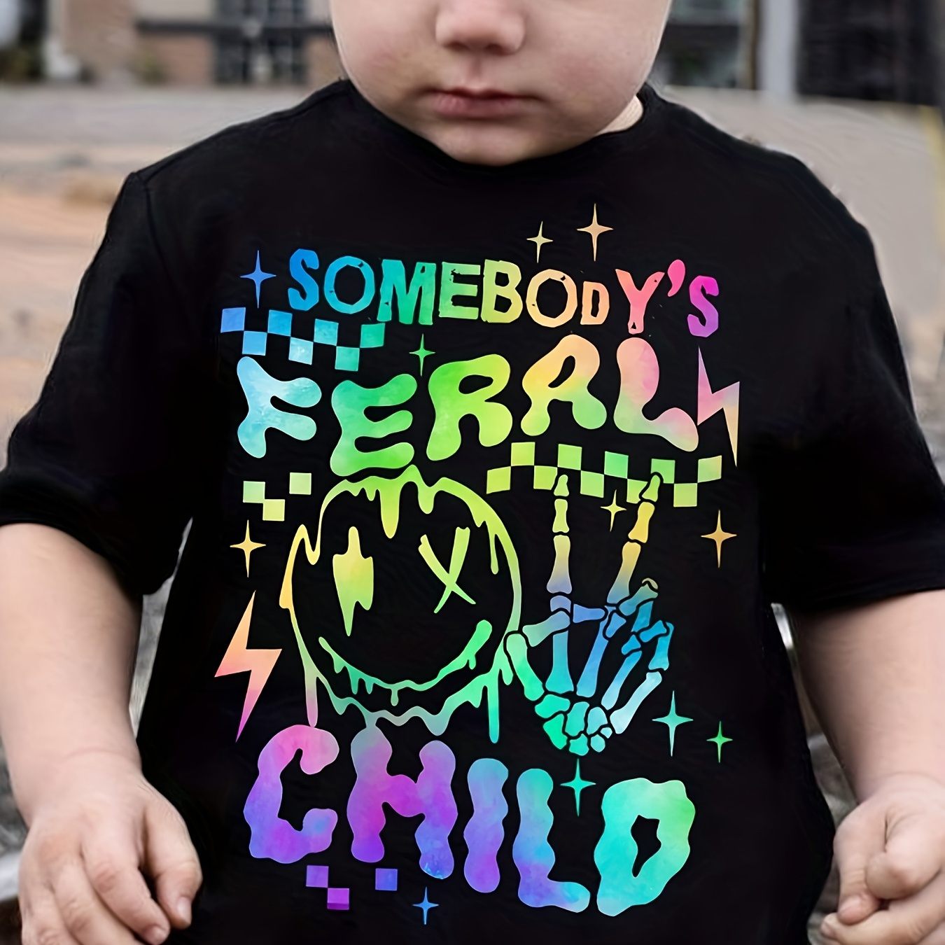

Somebody's Feral Boy Print Boy's Short Sleeve T-shirt, Vibrant Comfortable Crew Neck Summer Top, Boys Clothing As Gifts