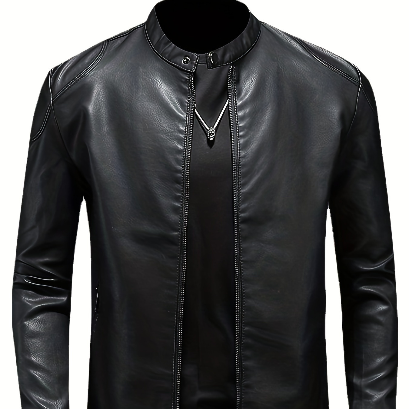 

Retro Style Pu Biker Jacket, Men's Casual Solid Color Zip Up Stand Collar Faux Leather Jacket For Spring Fall