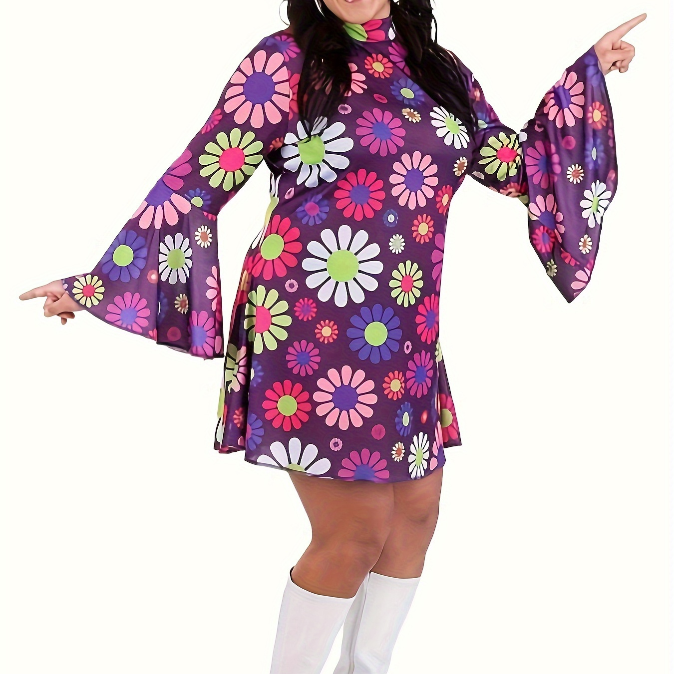 

Plus Size Floral Print Dress, Elegant Flare Sleeve Mock Neck Dress For Spring, Women's Plus Size clothing