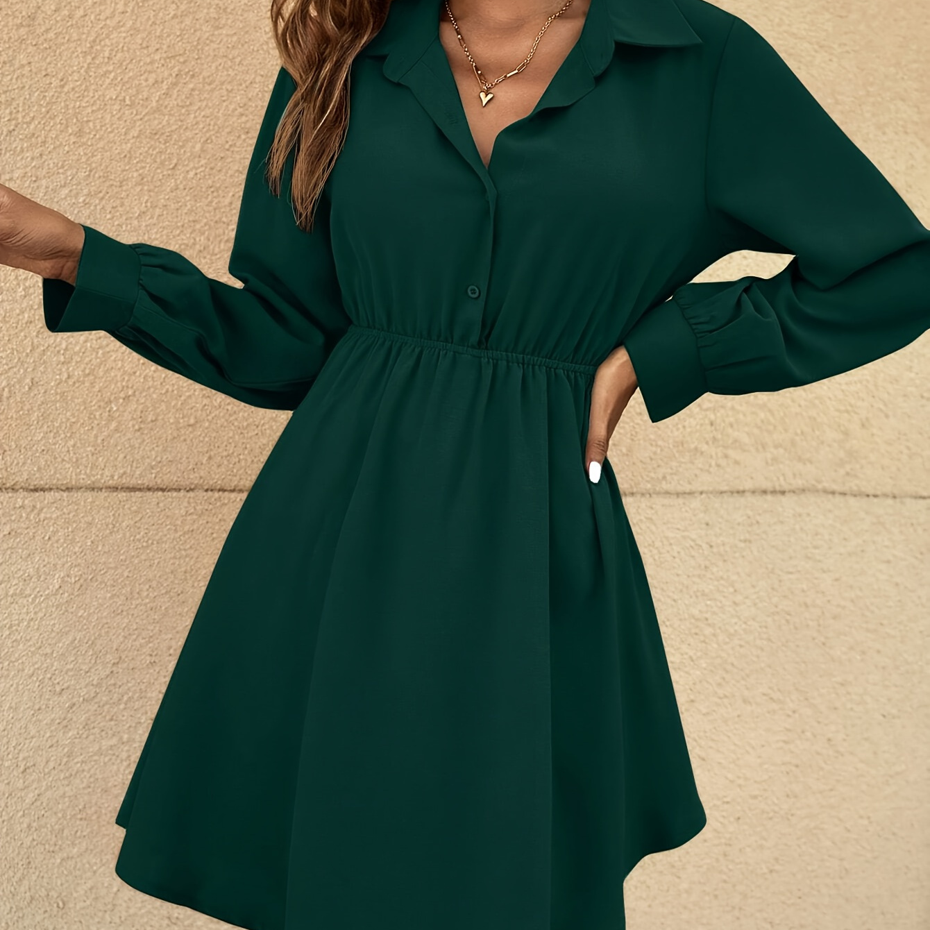 

Solid Color Button Front Dress, Elegant Long Sleeve Cinched Waist A-line Dress For Spring & Fall, Women's Clothing