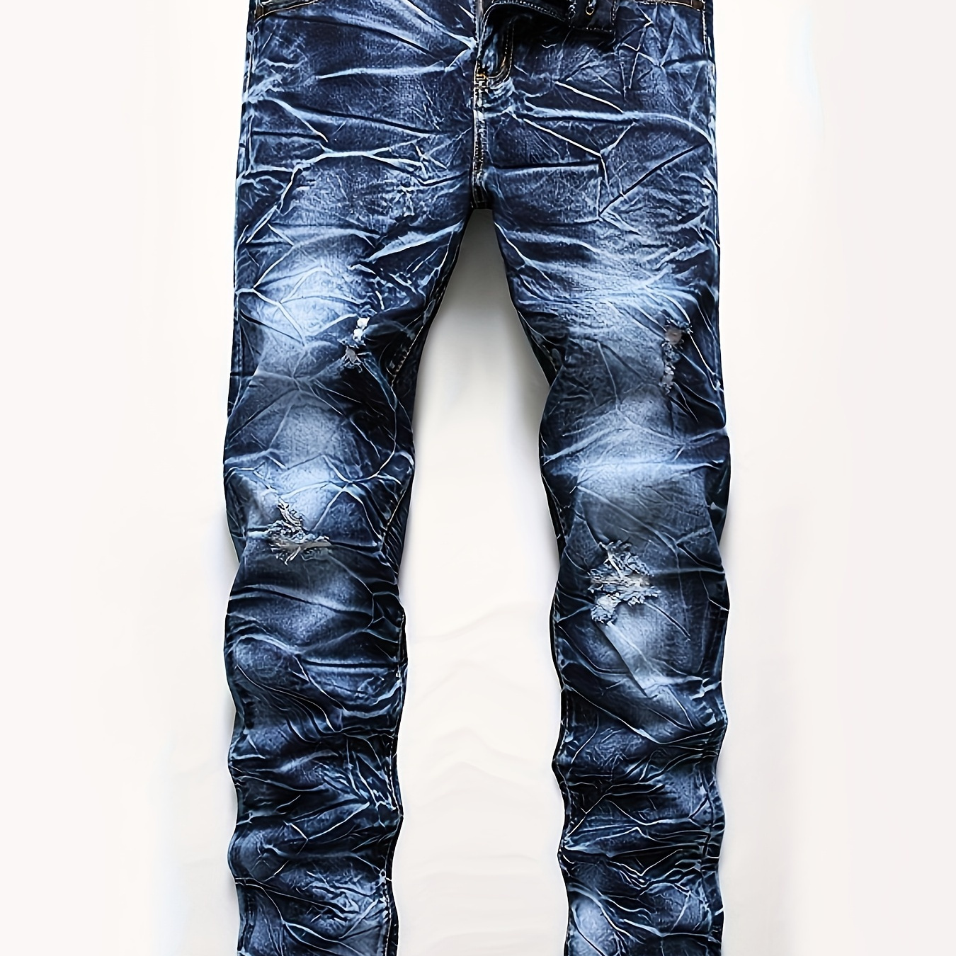 

Men's Slim Fit Denim Pants With Creative Texture Pattern, Street Style Jeans