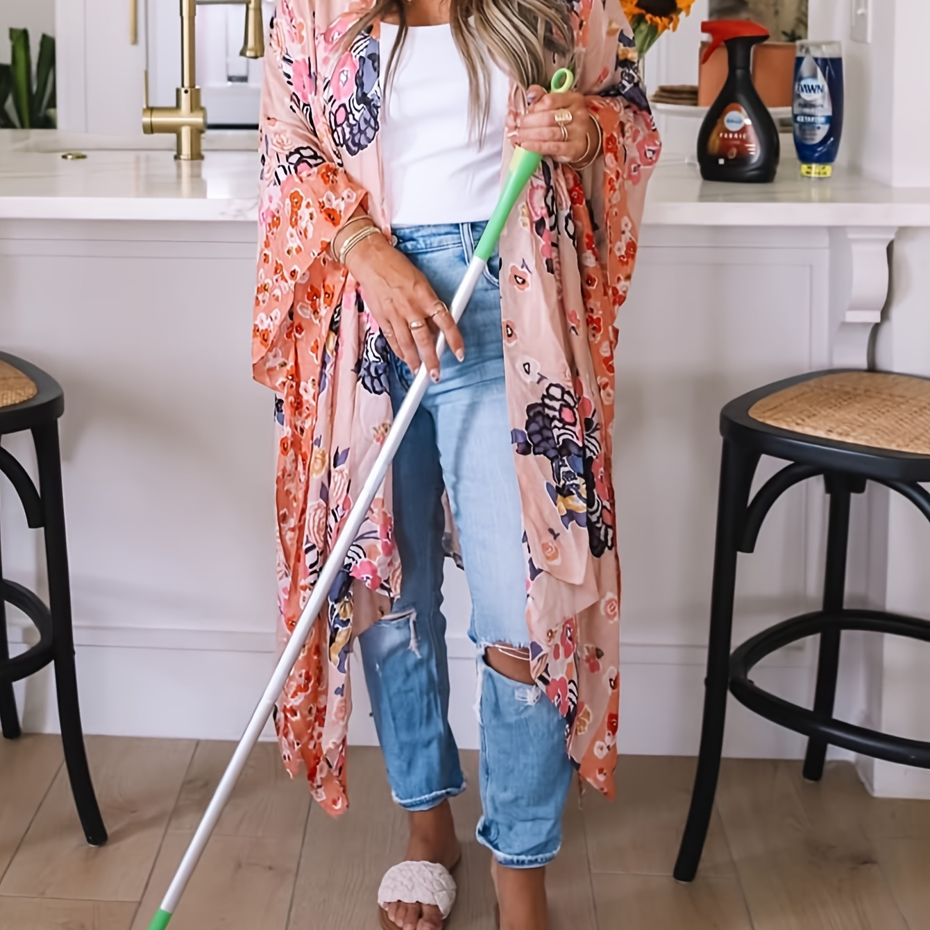 

Floral Print Open Front Casual Cover Up, Batwing Sleeve Side Split Beach Kimono Cardigan, Women's Swimwear & Clothing