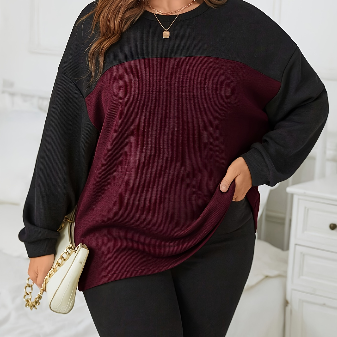 

Plus Size Colorblock Loose Sweatshirt, Casual Long Sleeve Crew Neck Sweatshirt, Women's Plus Size Clothing