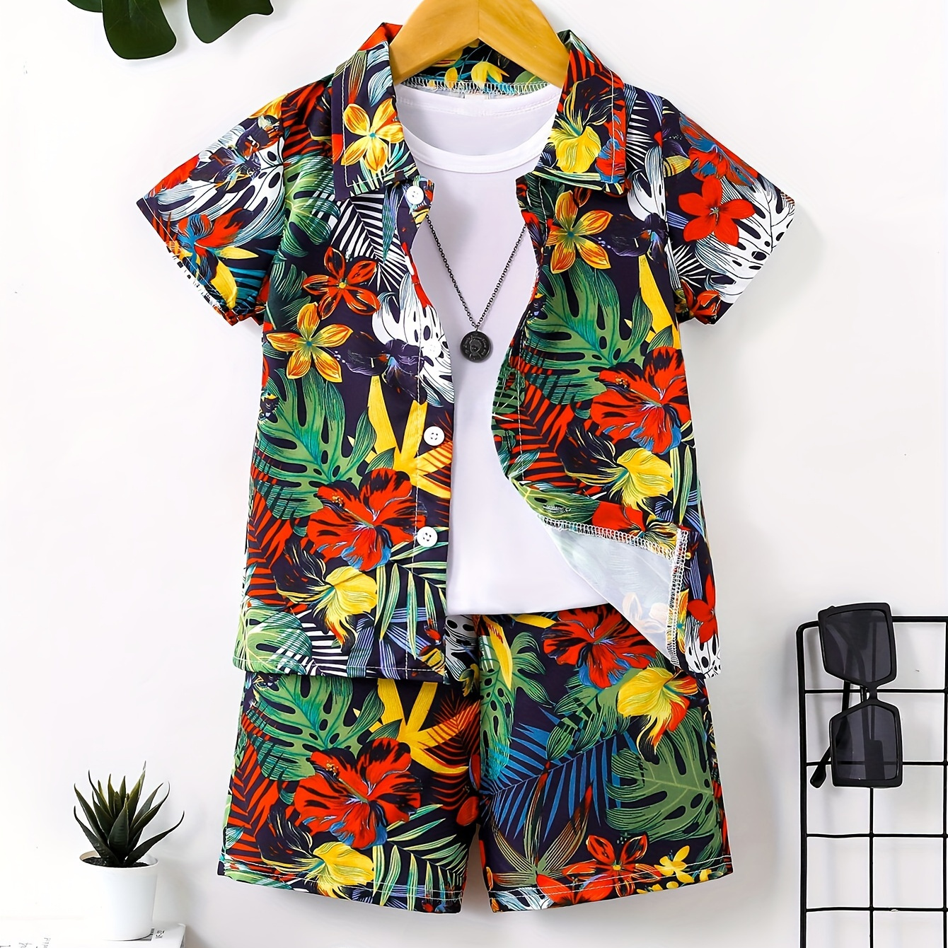 TEMU 2pcs Boys Casual Holiday Colorful Tropical Plants Full Graphic Print Short Sleeve Lapel Shirt & Shorts Set, Comfy Summer Boys Clothing