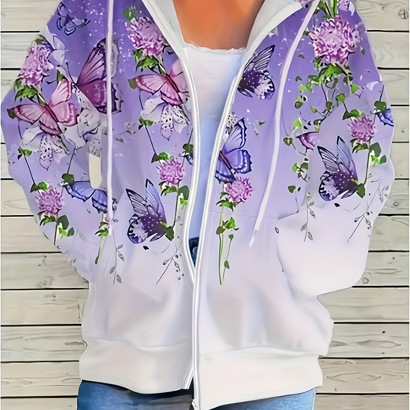 

Women's Plus-size Print Hooded Jacket - Lightweight Polyester Zip-up Coat With Vibrant Purple, Blue & Pink For Spring/fall