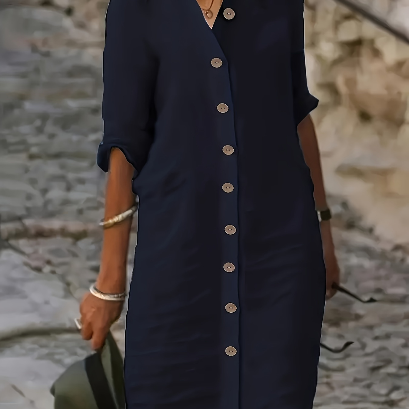 

Plus Size Button Front Loose Dress, Casual 3/4 Sleeve Dress For Spring & Summer, Women's Plus Size Clothing