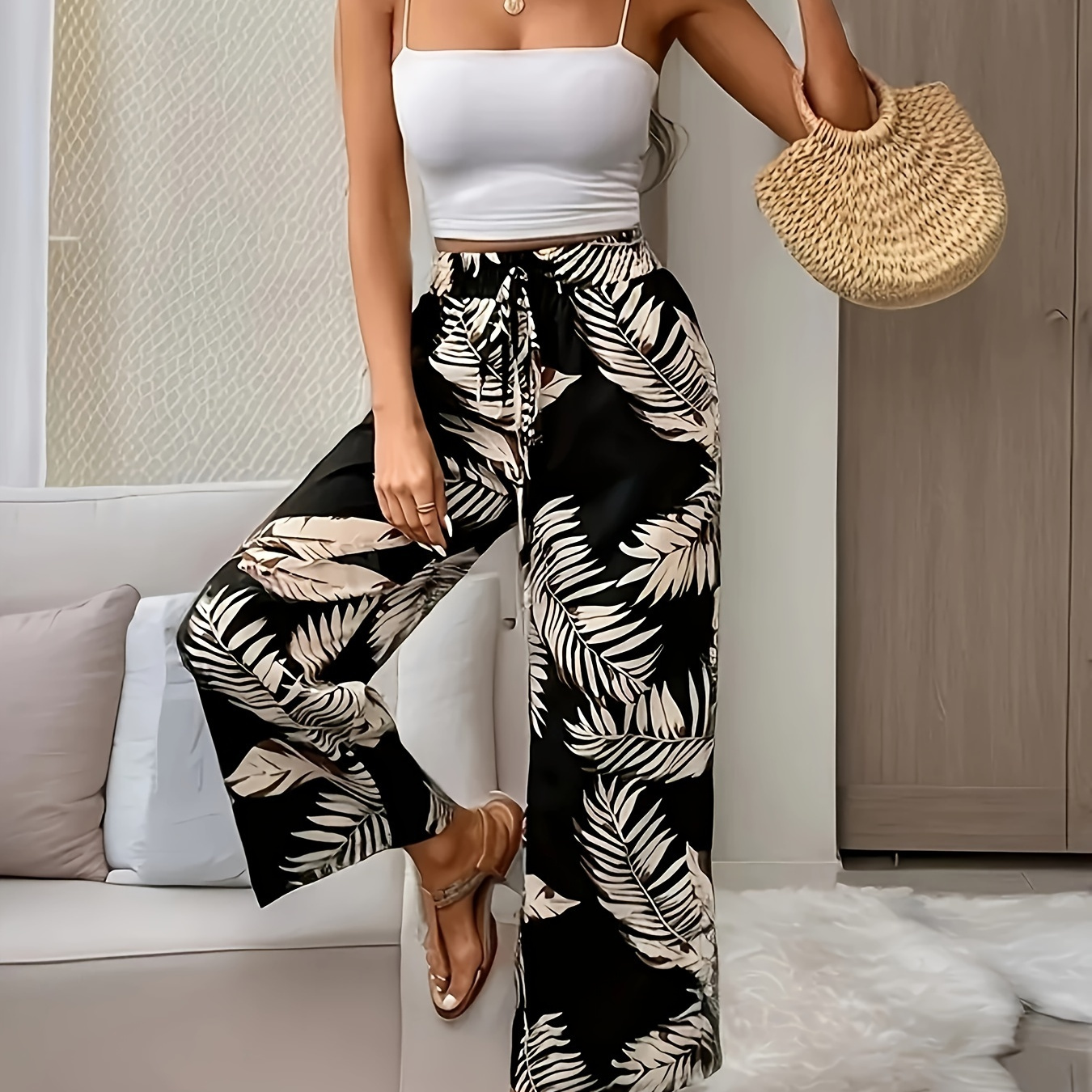 

Botanical Print Tie Waist Wide Leg Pants, Vacation Style High Waist Pants For Spring & Summer, Women's Clothing