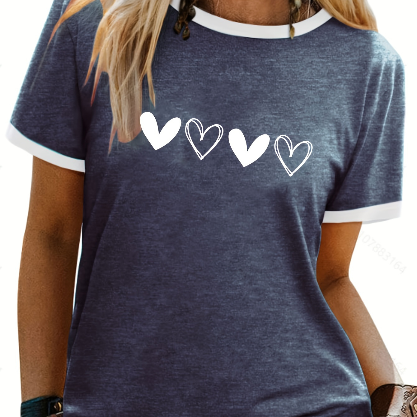 

Heart Neck T-shirt, Trim Short Sleeve T-shirt For , Women's Clothing