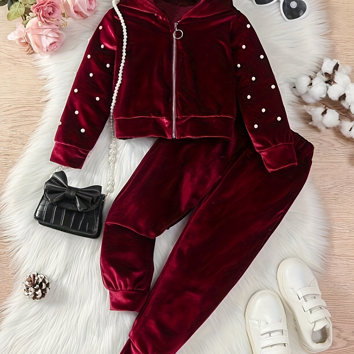 

Ensemble élégant en velours pour fille 2PCS - Haut à capuche zippé à manches longues + pantalon de jogging - Idéal pour les fêtes d'hiver et d'automne