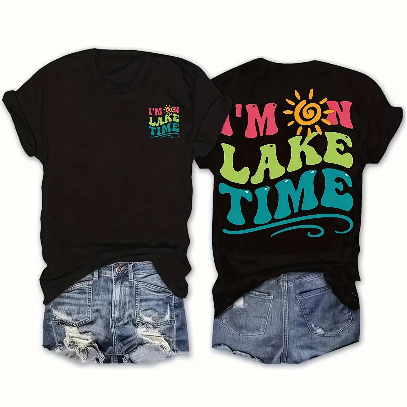 

I'm On Lake Time Print T-shirt, Short Sleeve Crew Neck Casual Top For Summer & Spring, Women's Clothing