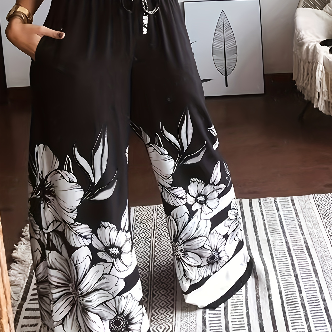 

Plus Size Floral Print Pants, Casual Tie Waist Wide Leg Pants For Spring & Summer, Women's Plus Size Clothing