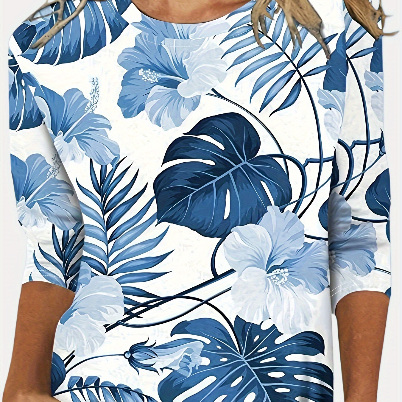 

Tropical Print T-shirt, Casual Crew Neck 3/4 Sleeve T-shirt, Women's Clothing