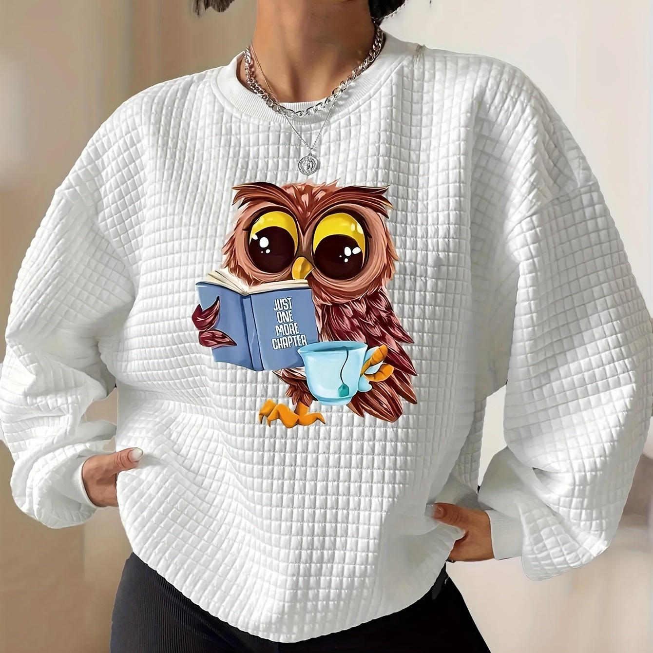 

Women's Cozy Owl Print Sweatshirt - White Crew Neck Pullover With Book & , Long Sleeves, Fall/winter