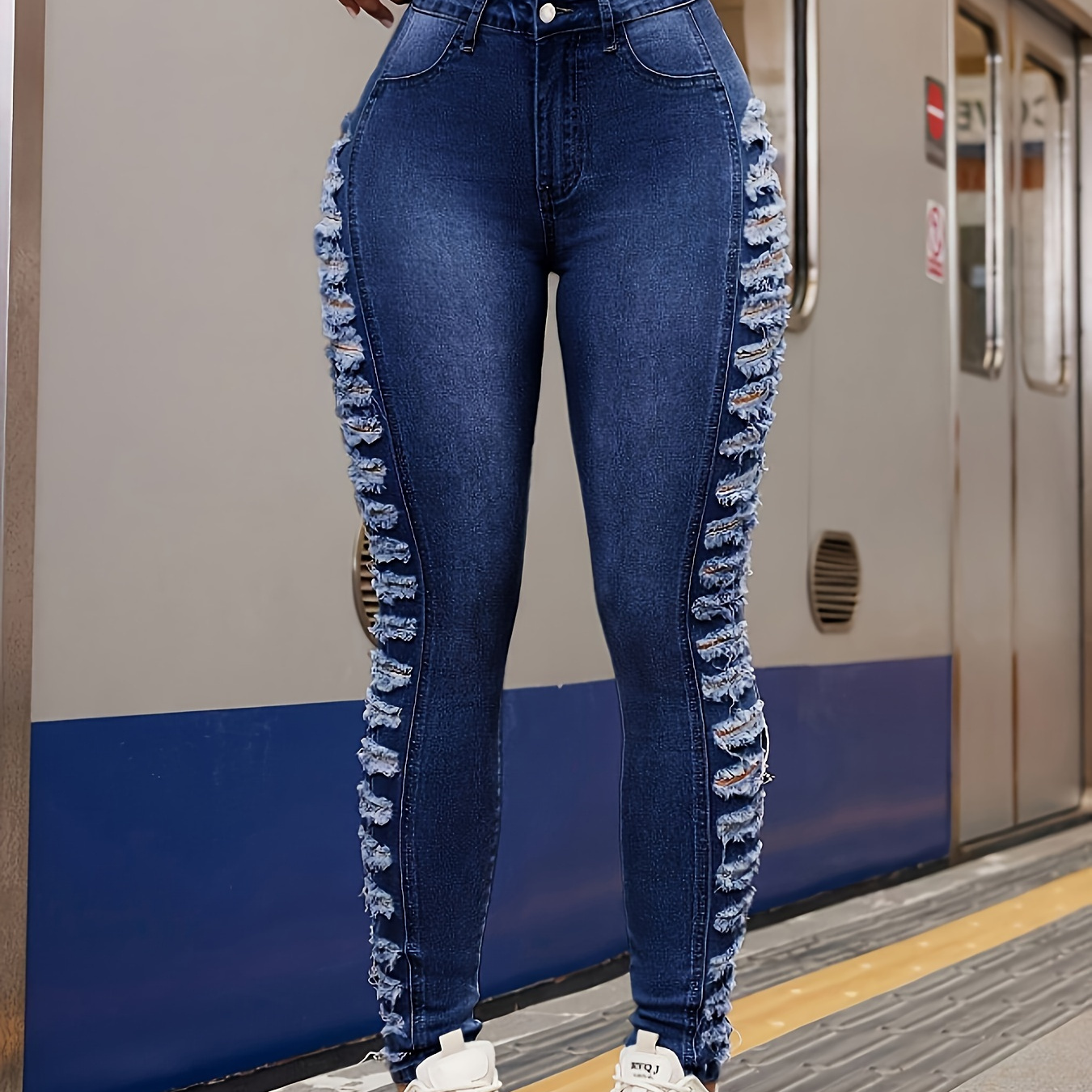 

Elegant High-waisted Distressed Denim Jeans, Stretchy Fit, Machine Washable, Long Length, Four-season Wear, Slimming Design