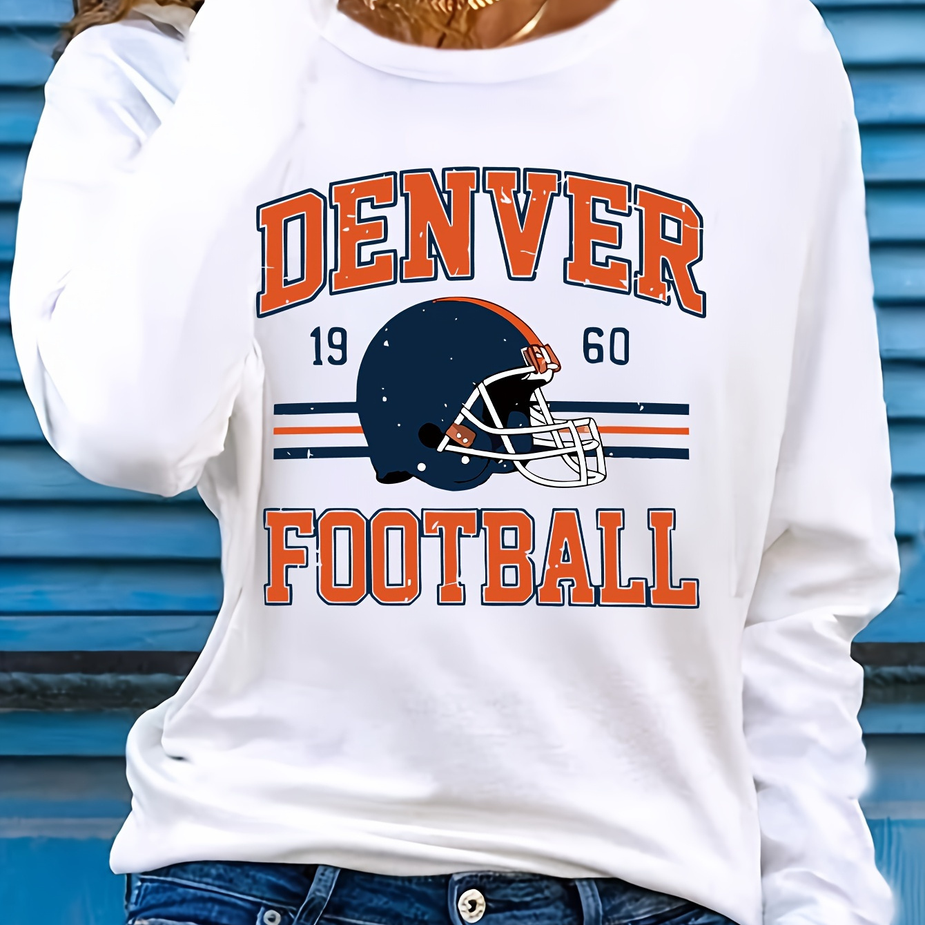 

Football Long Sleeve Crew Neck T-shirt - 100% Polyester Casual Pullover With Medium Stretch And Applique Detailing