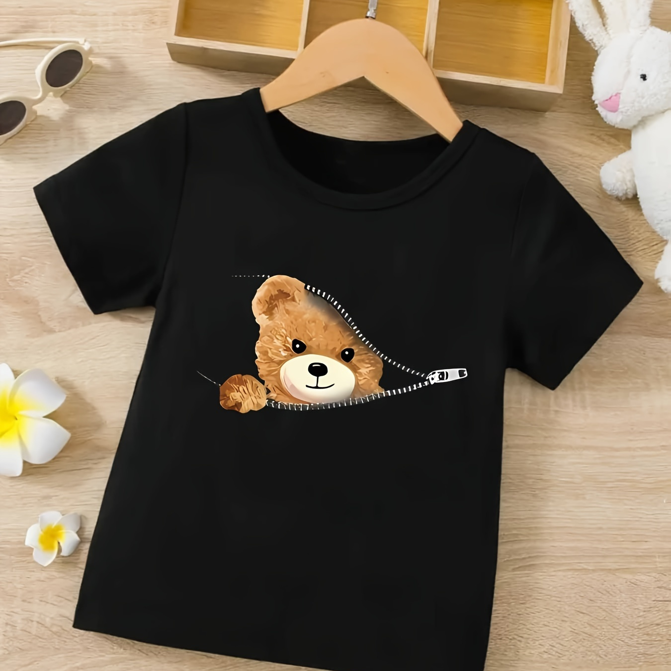 

Boys' Casual T-shirt With Zip-up Bear Print, Crew Neck, Fashionable And Comfortable, Spring/summer Tee, Perfect Gift For Boys