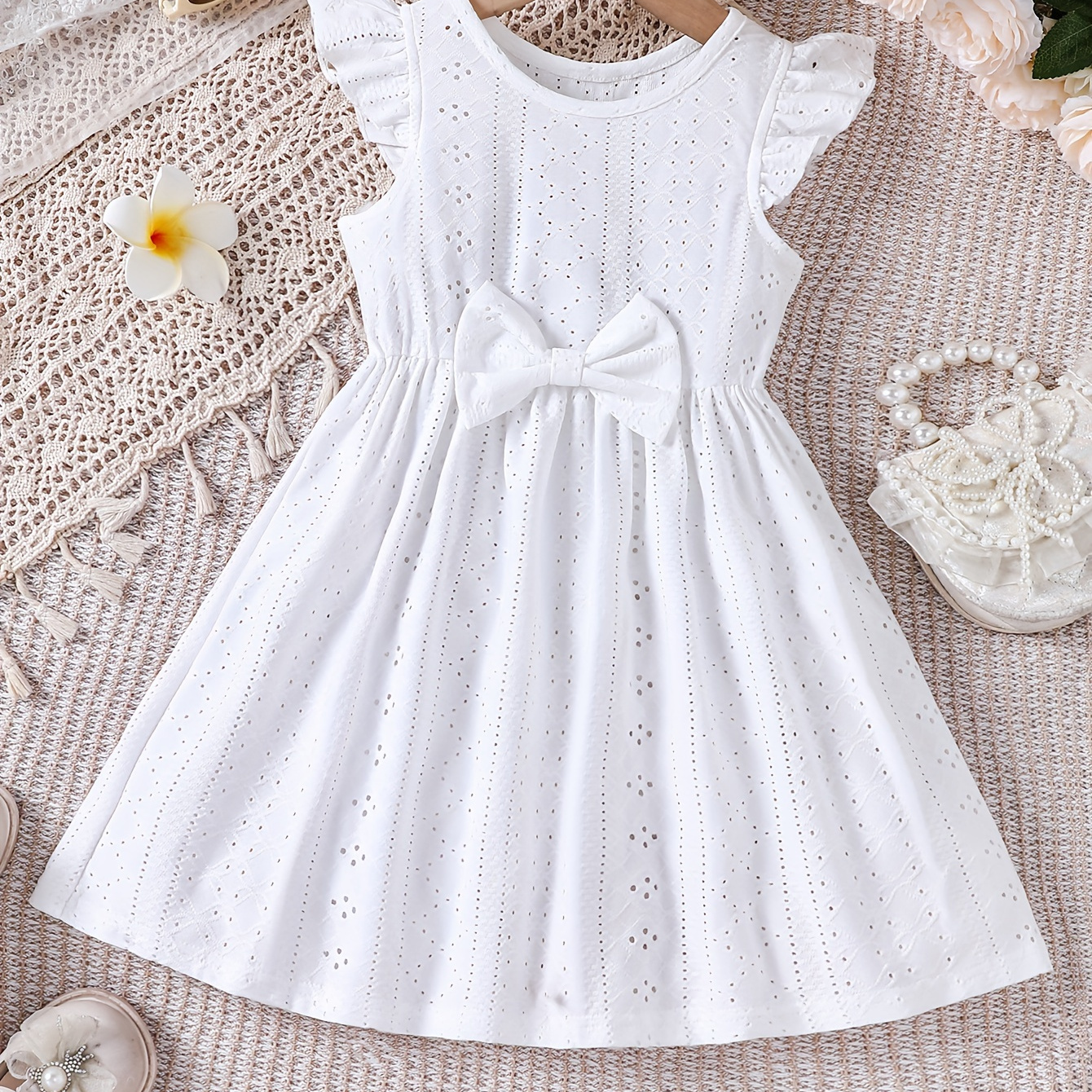 

Girls Solid Bow Decor Flutter Sleeve Dress Casual Dresses For Summer Party