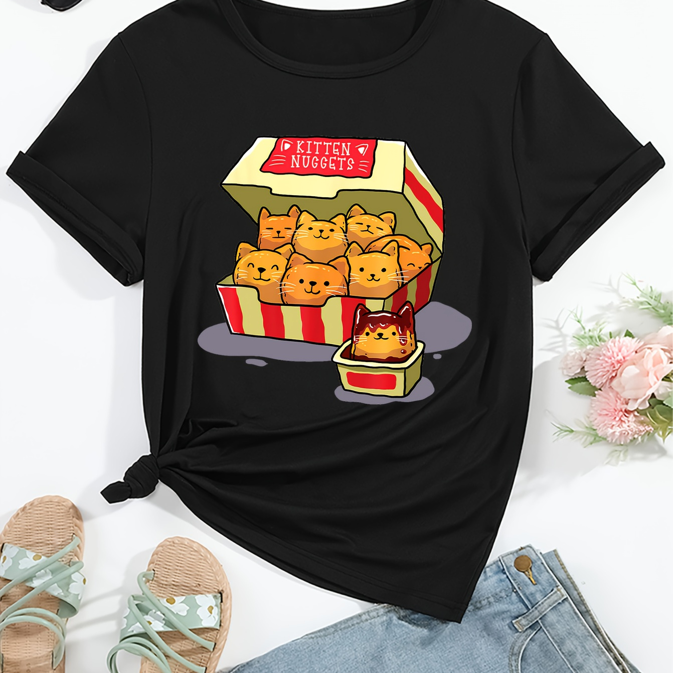 

Women's Casual Short Sleeve T-shirt With Kitten Nuggets Cartoon Print, Fashionable Creative Graphic Summer Top