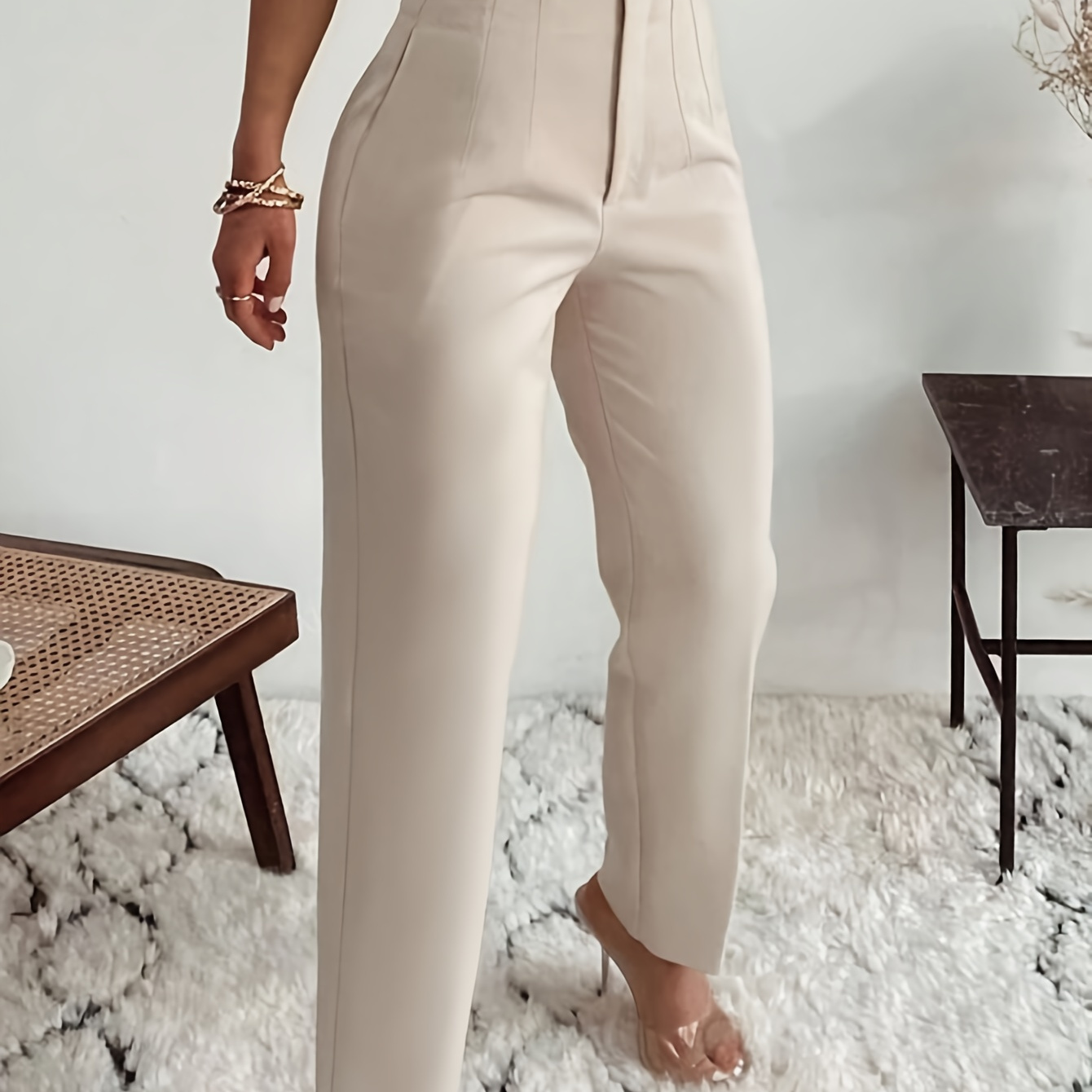 

Women's High-waist Casual Trousers, Elegant Simple Slim Fit, 100% Polyester, Solid Color, , Woven Fabric, 150g/m² - Adult