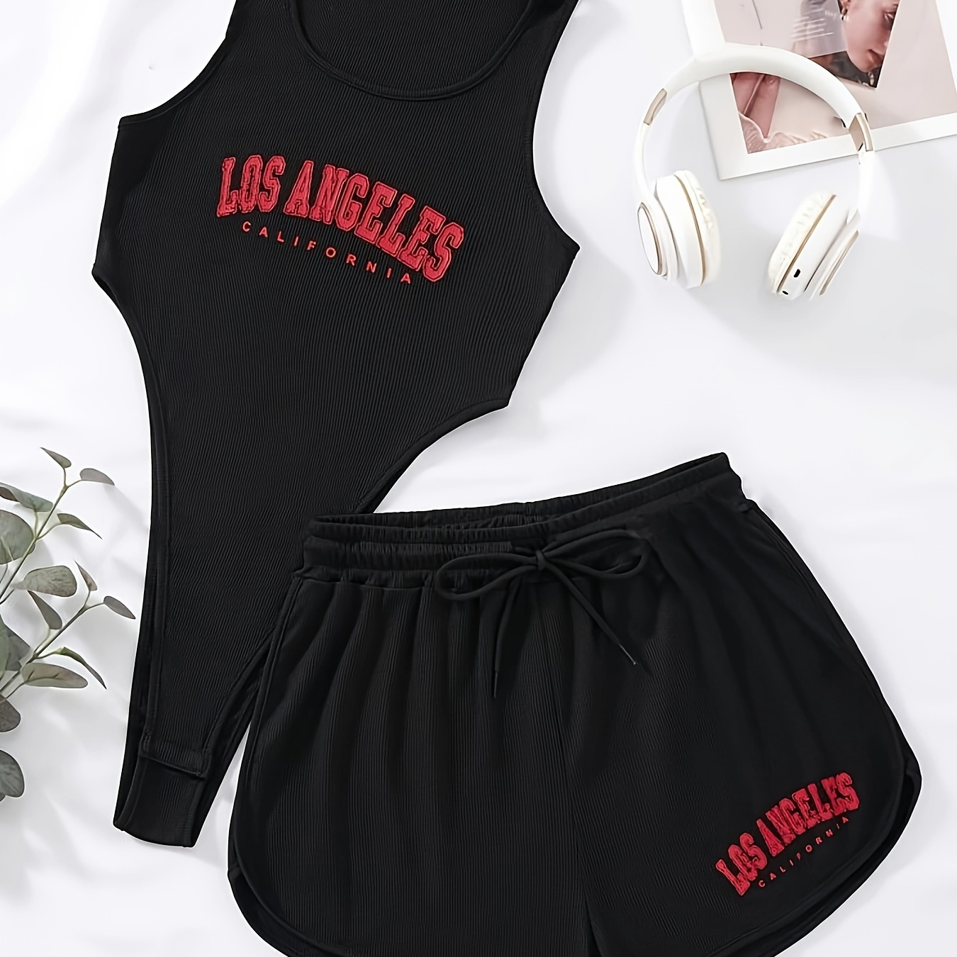 

Los Angeles Print Summer Two-piece Set, Casual Sleeveless Crew Neck Bodysuit & Drawstring Elastic Waist Shorts Outfits, Women's Clothing
