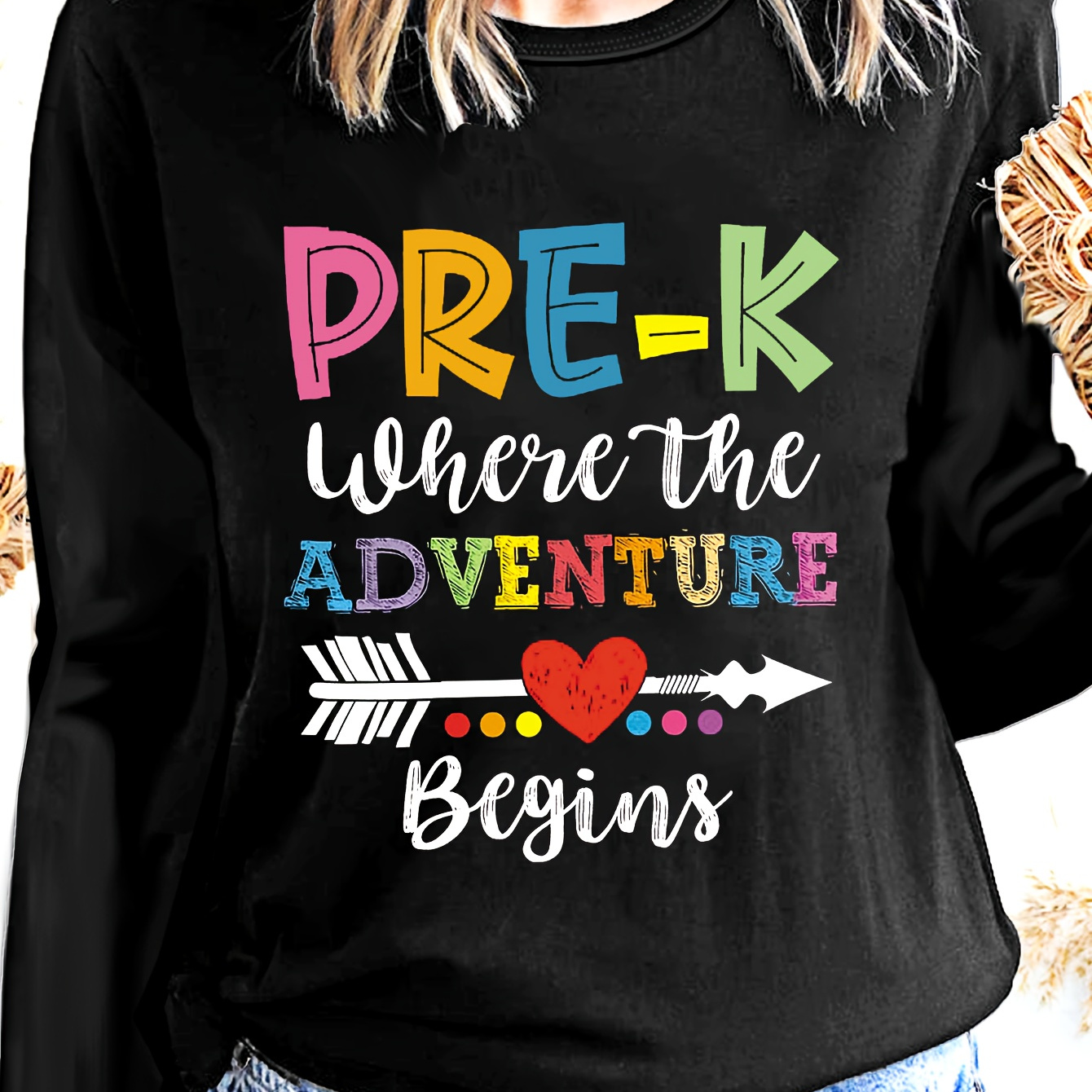 

Pre-k Adventure Begins Graphic Long Sleeve T-shirt - 100% Polyester Casual Crew Neck With Slight Stretch, Applique Detail, Regular Fit Knit Top For Spring/fall