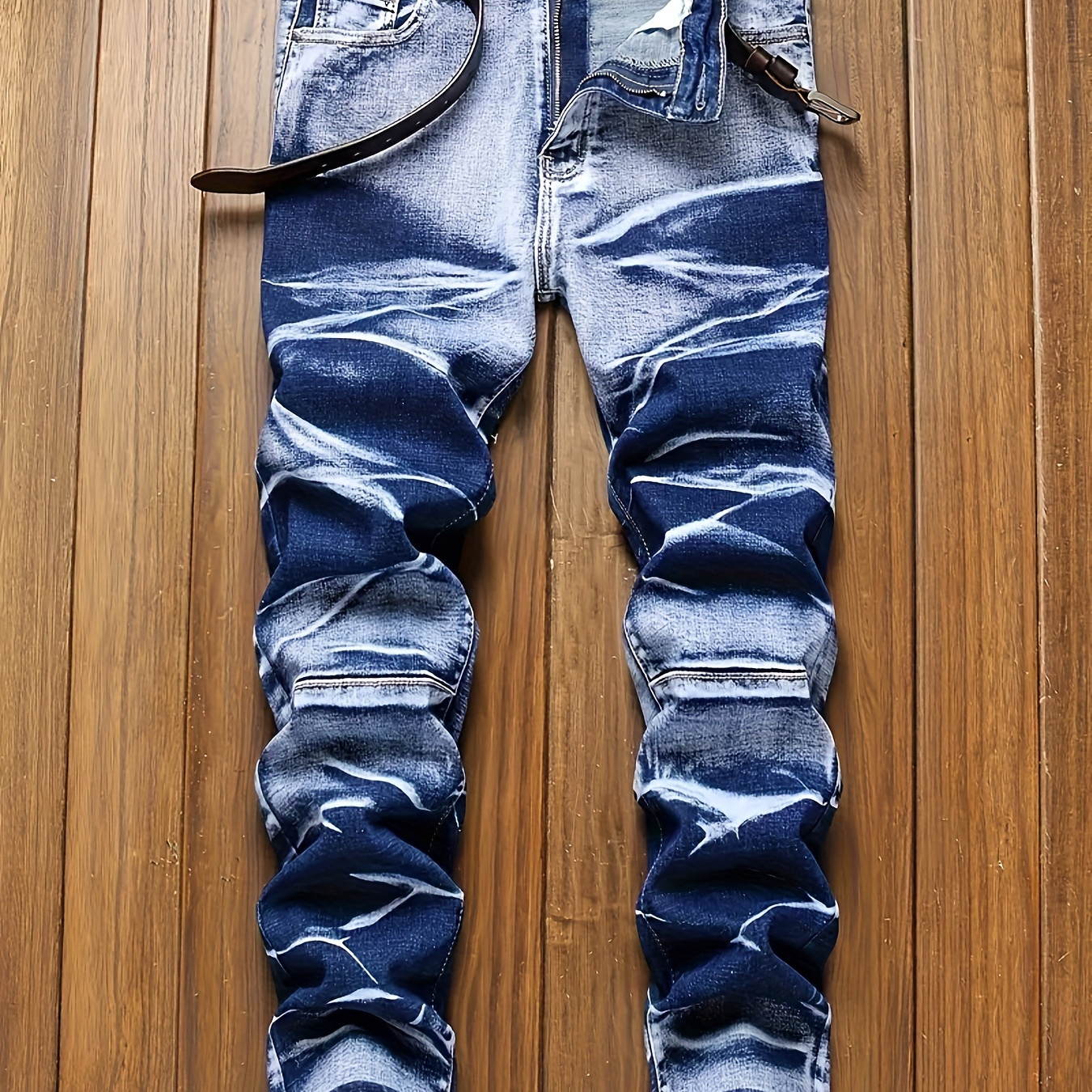 

Men's Tie-dye Style Cotton Blend Slim Fit And Cuffed Denim Jeans With Distressed Pieces, Chic And Trendy Jeans For All Seasons Street Leisurewear